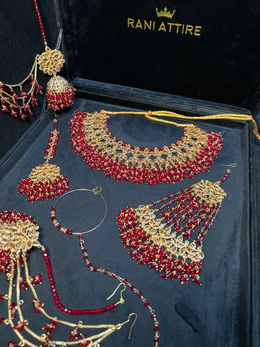 Deep Red Necklace set, with heavily beaded Earrings & tikka - Jewelsbyrani