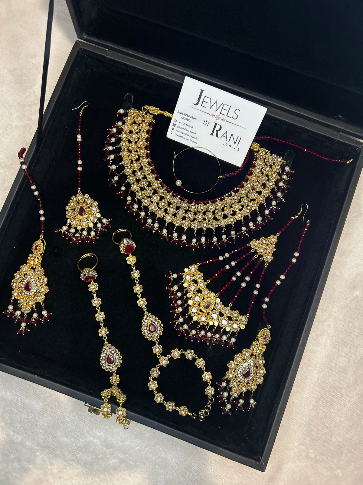 Beautiful Maroon & White Pakistani Necklace Set Full Bridal Jewellery Set | Including 2 Hand Pieces | Style 7279