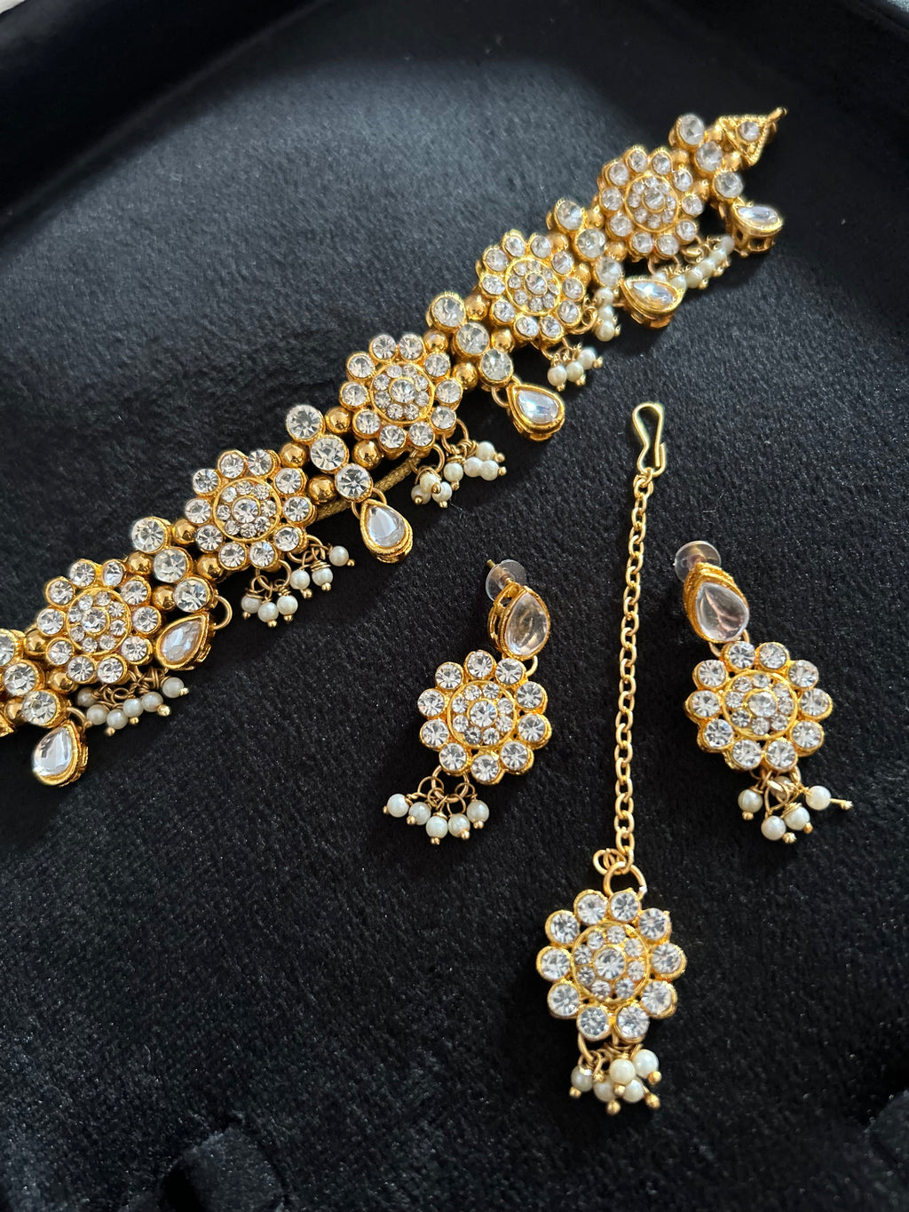 Beautiful Light Weight Silver and White Choker with Earrings and Tikka