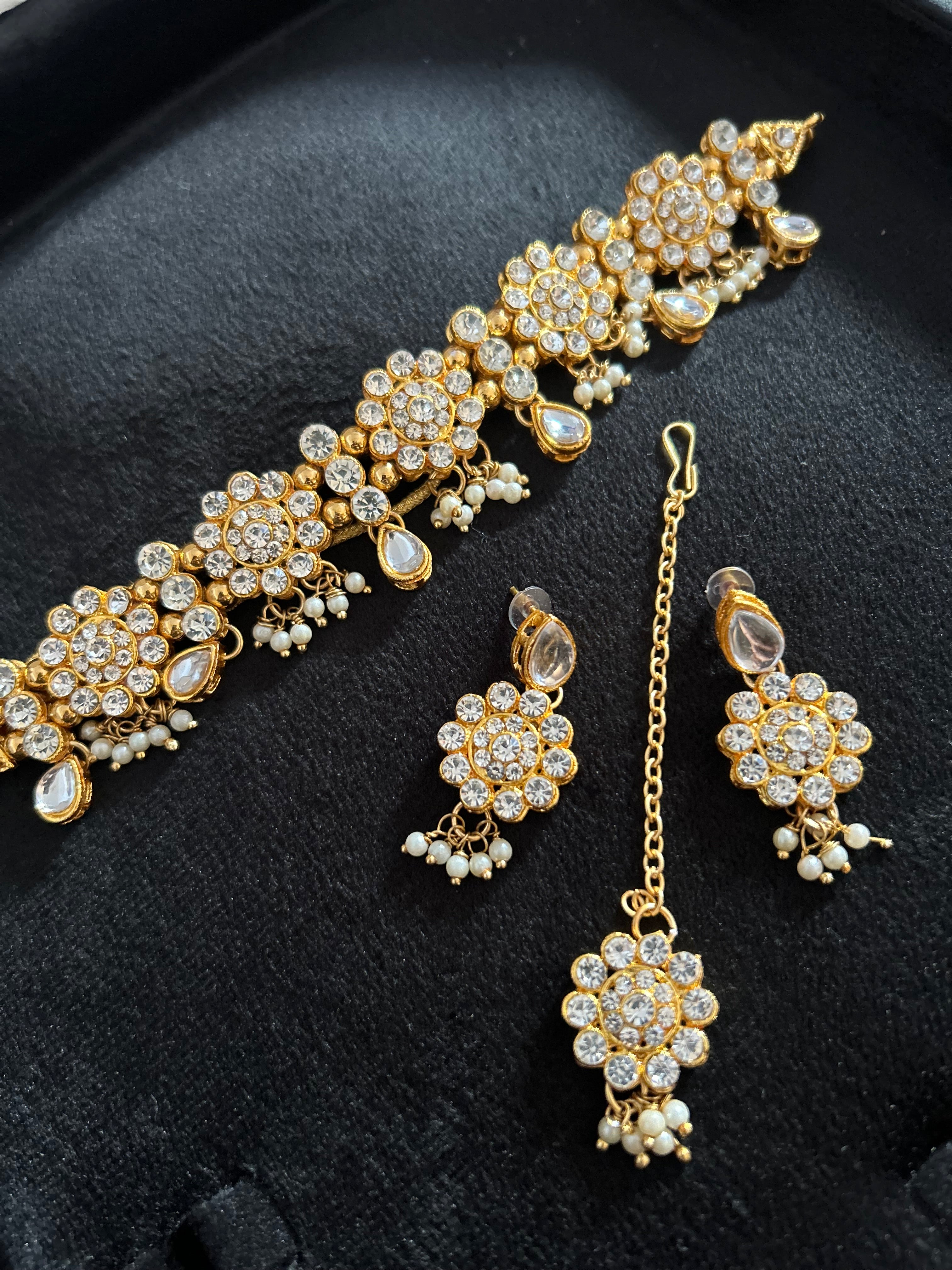 Beautiful Light Weight Silver and White Choker with Earrings and Tikka