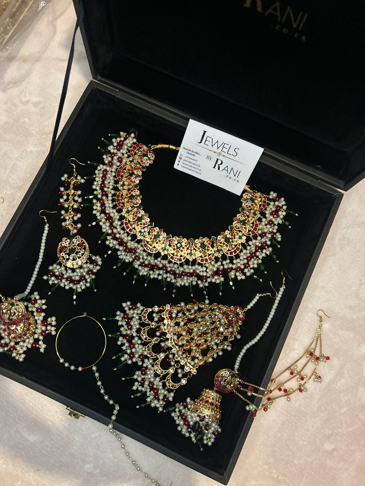 Beautiful Dark Red, Green Drop Crystal and White Kundan Full Bridal Jewellery Set/ Style 17304
