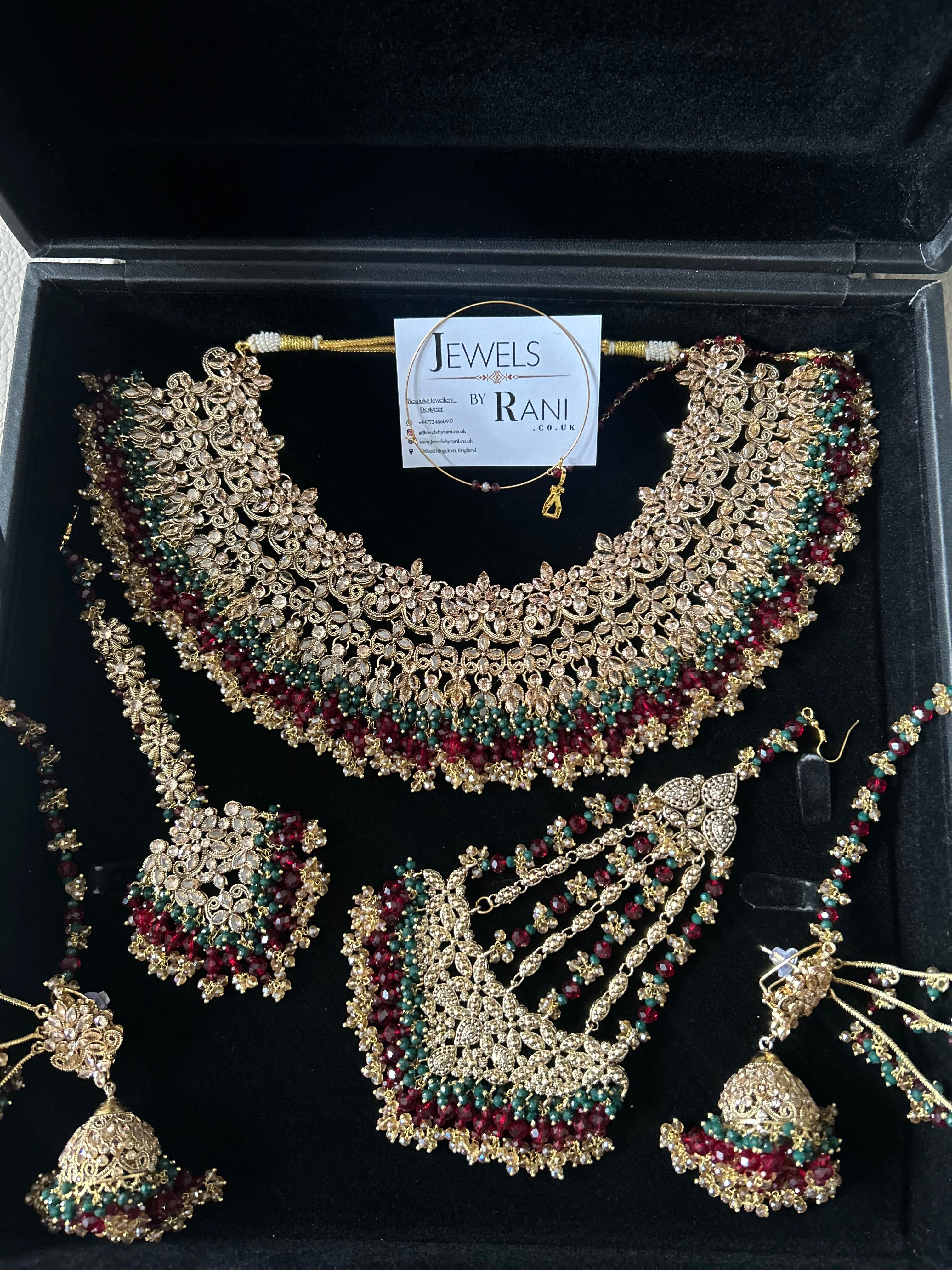 Pre order 6 Weeks - Stunning Detailed Green and Maroon Bridal Jewellery Set Larger Necklace