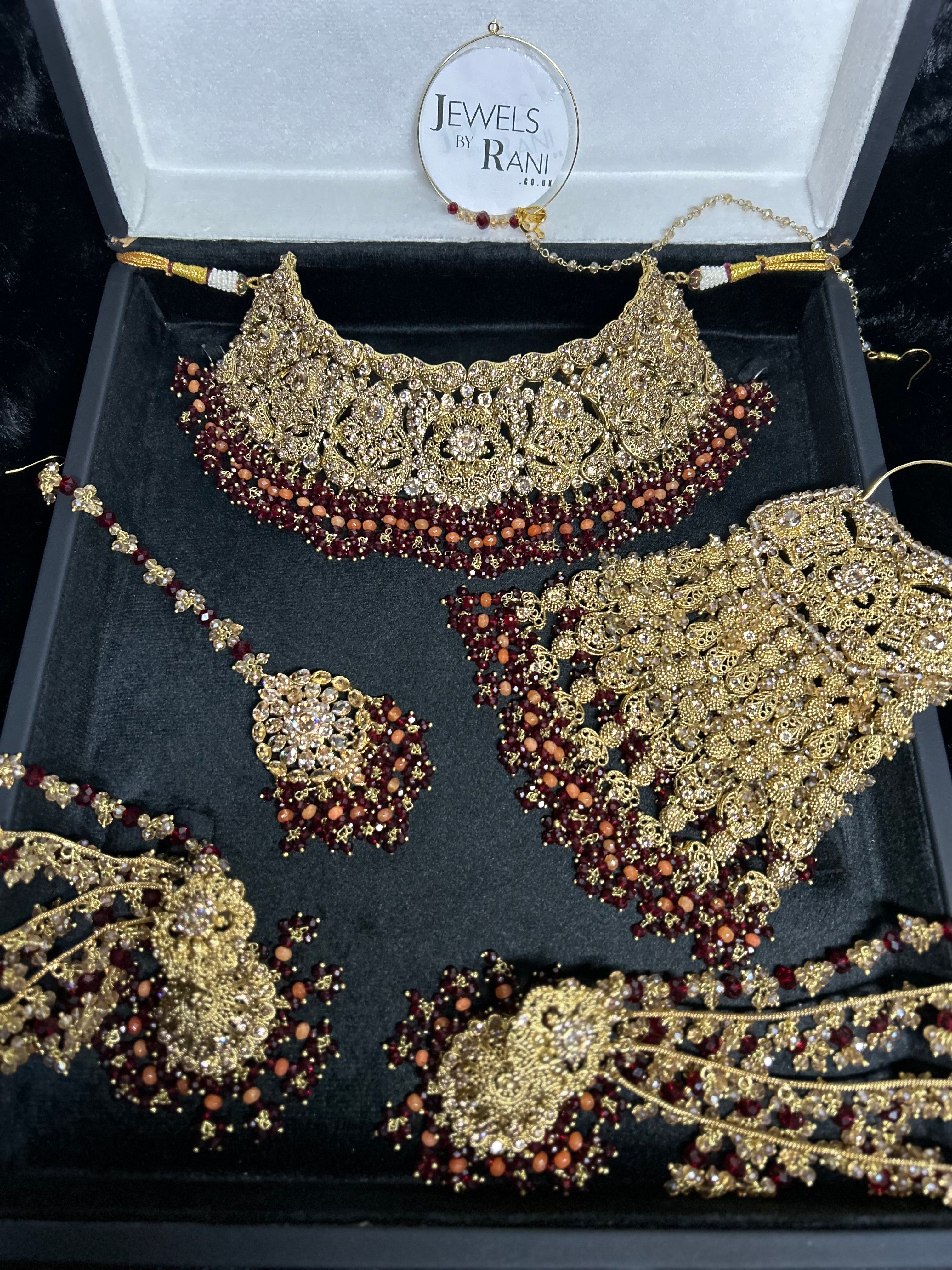 Pre order - 22 crt Gold Plated - Beautiful Maroon and Burnt Orange  Pakistani Bridal Jewellery Set