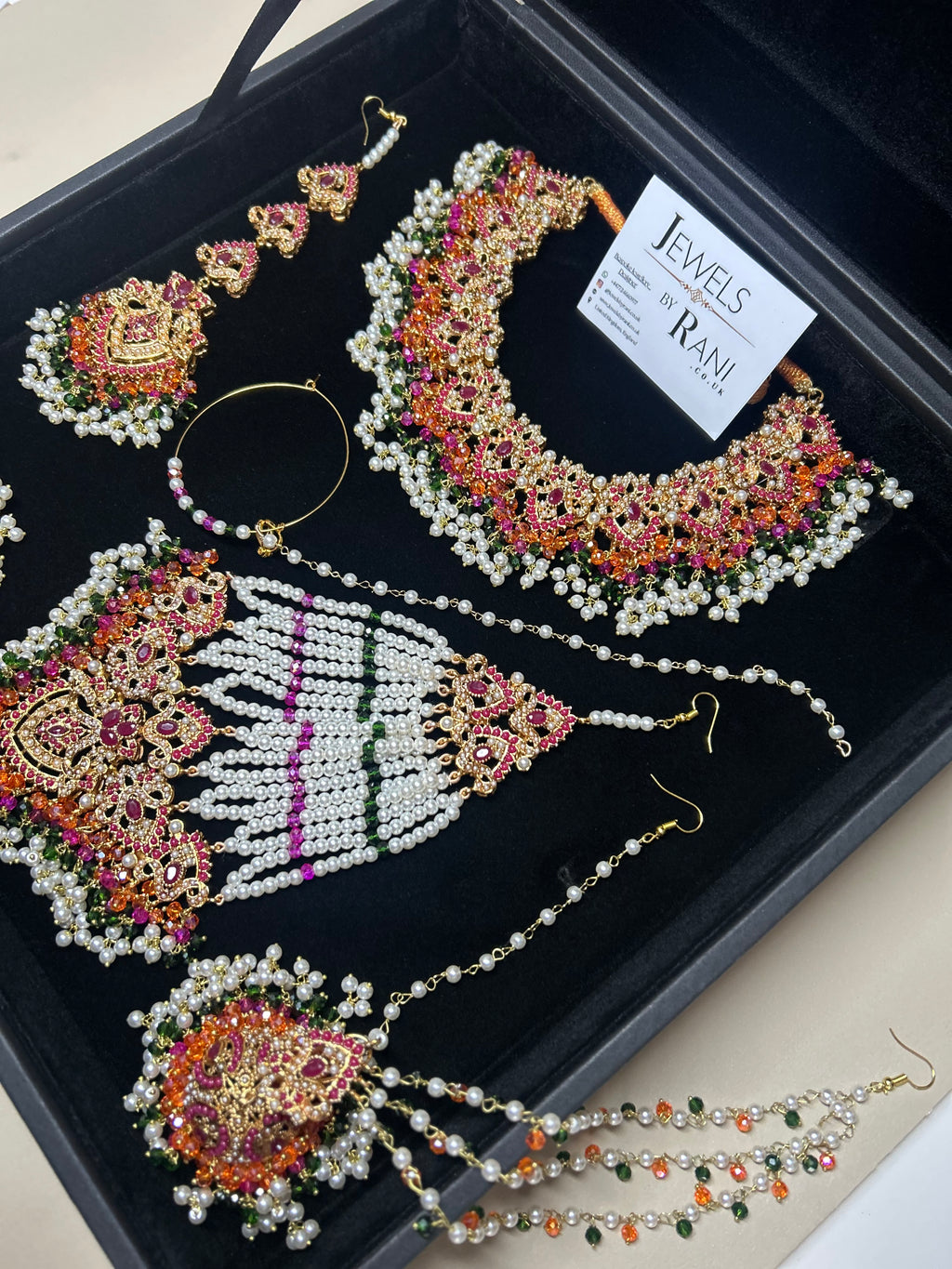 Green, Hot pink, Gold & White coloured necklace set, with heavily beaded Jhumkies & tikka (Copy)