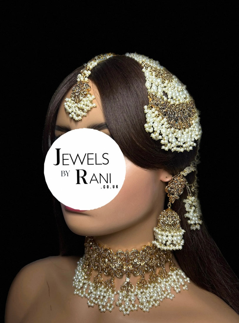 Pearly White & Gold Bridal Choker Jewellery Set Style 480