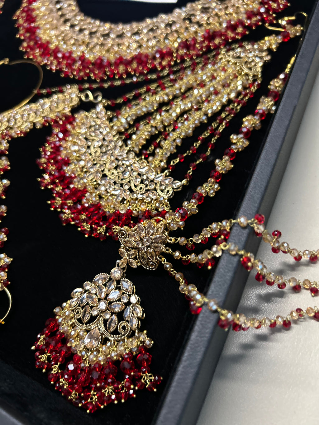 PRE ORDER: 6 Week Making time- Beautiful Deep Red & Gold 22 crt Gold Plated Bridal Jewellery Set + hand piece