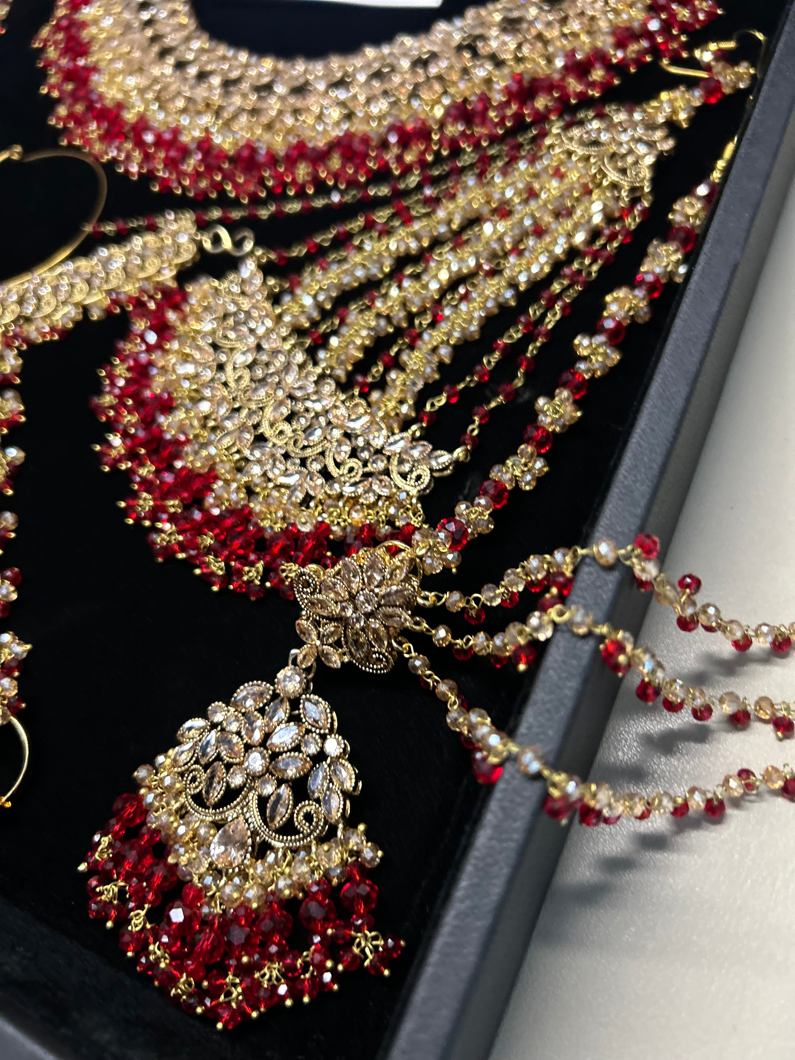 PRE ORDER: 6 Week Making time- Beautiful Deep Red & Gold 22 crt Gold Plated Bridal Jewellery Set + hand piece