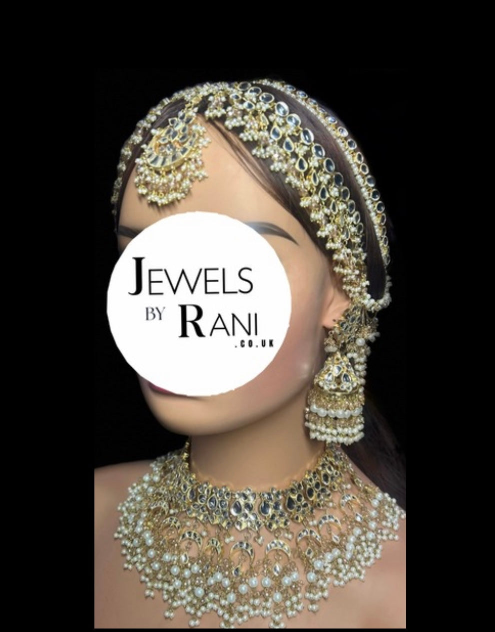 Pre order 6 Weeks - White Kundan Bridal Jewellery Set Matha Patti, Necklace and Jhumkies + nose ring 22crt Gold Plated