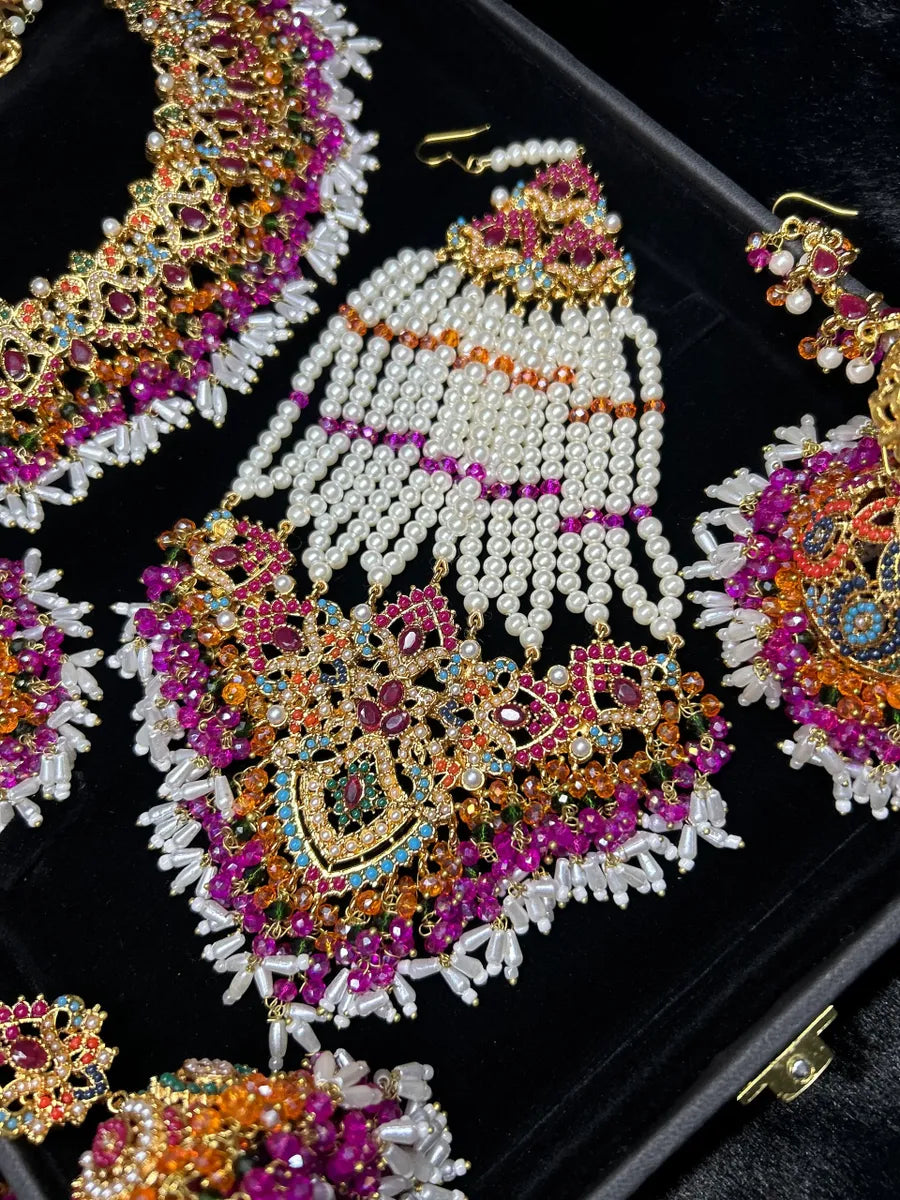 New Multi coloured Necklace set, with heavily beaded Jhumkies & tikka |Dark Pink Stones - Jewelsbyrani