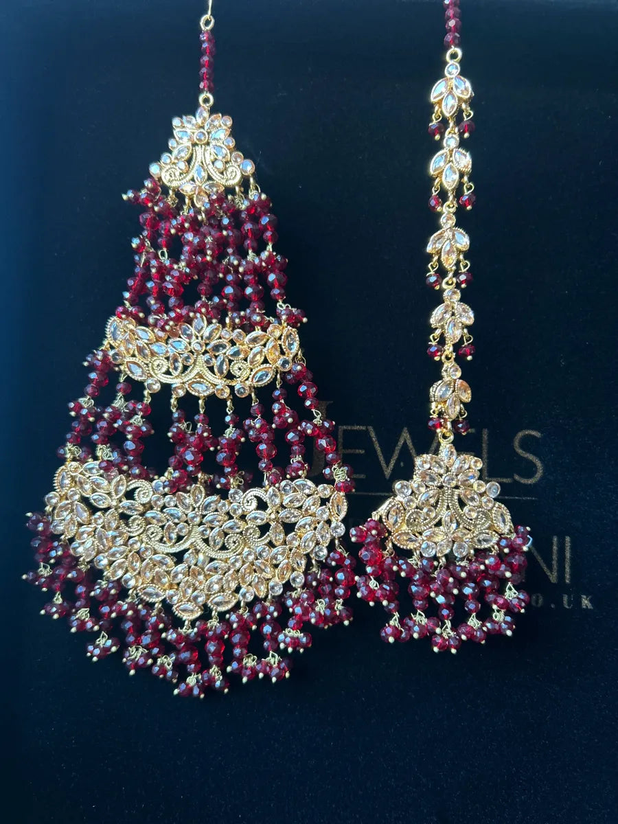 Bridal Maroon, Jhumar + Tikka - Jewelsbyrani
