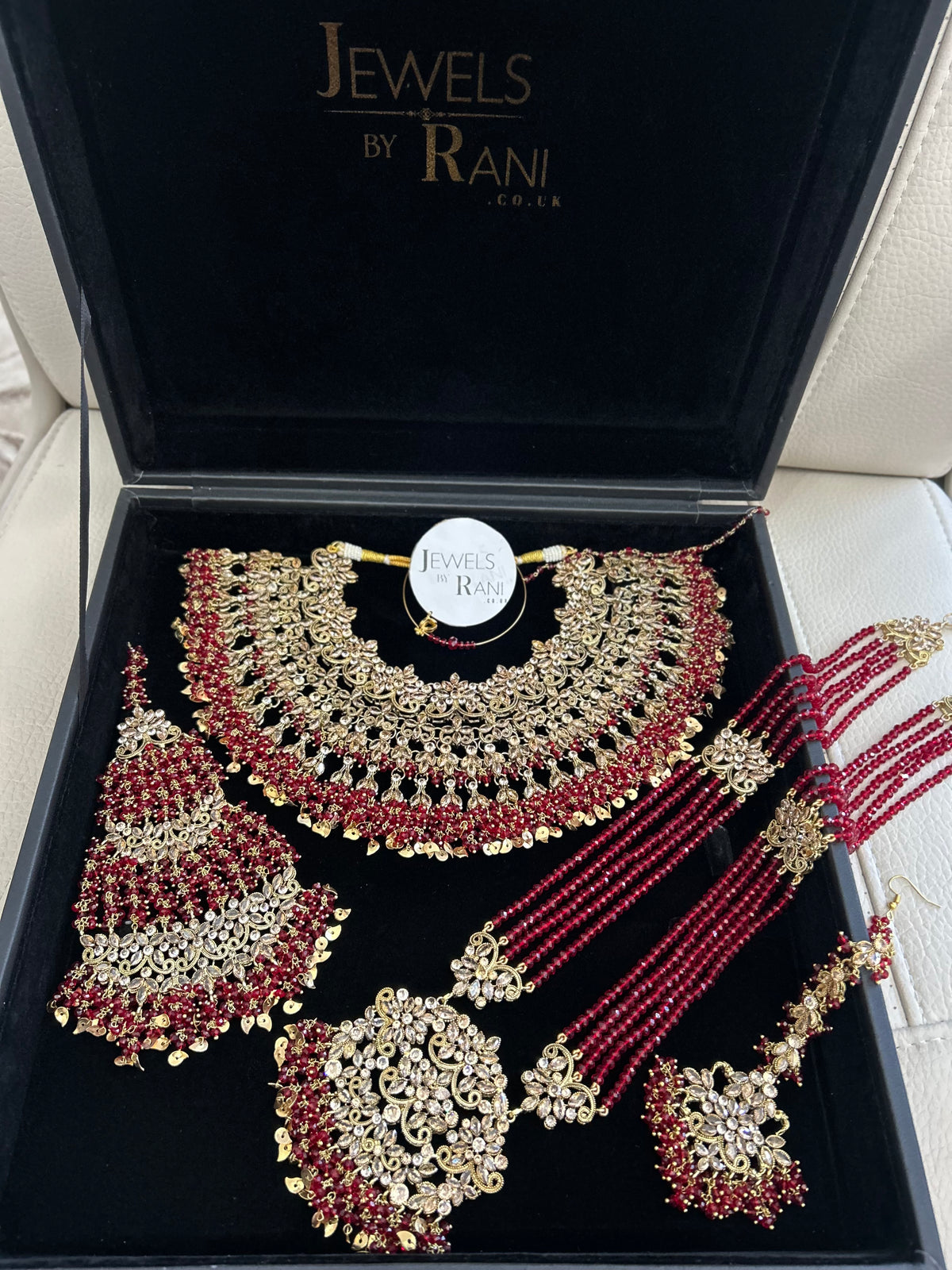 Pre Order 6 Weeks- Deep Red and Gold Large Necklace, Jhumar and Mala Set Perfect for Hijabis
