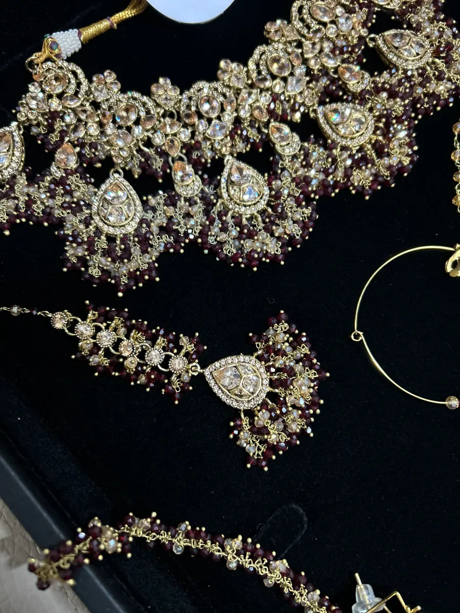 Stunning Maroon and Gold beading - 24 crt Gold Plated Bridal Jewellery Set - Jewelsbyrani