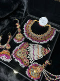 New Multi coloured Necklace set, with heavily beaded Jhumkies & tikka |Dark Pink Stones - Jewelsbyrani