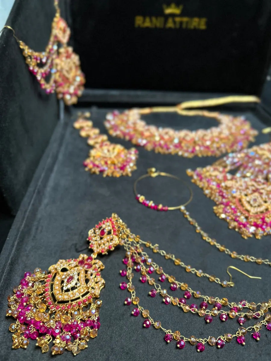 Beautiful Hot Pink & Gold Bridal Necklace Mehndi Set - Jewelsbyrani