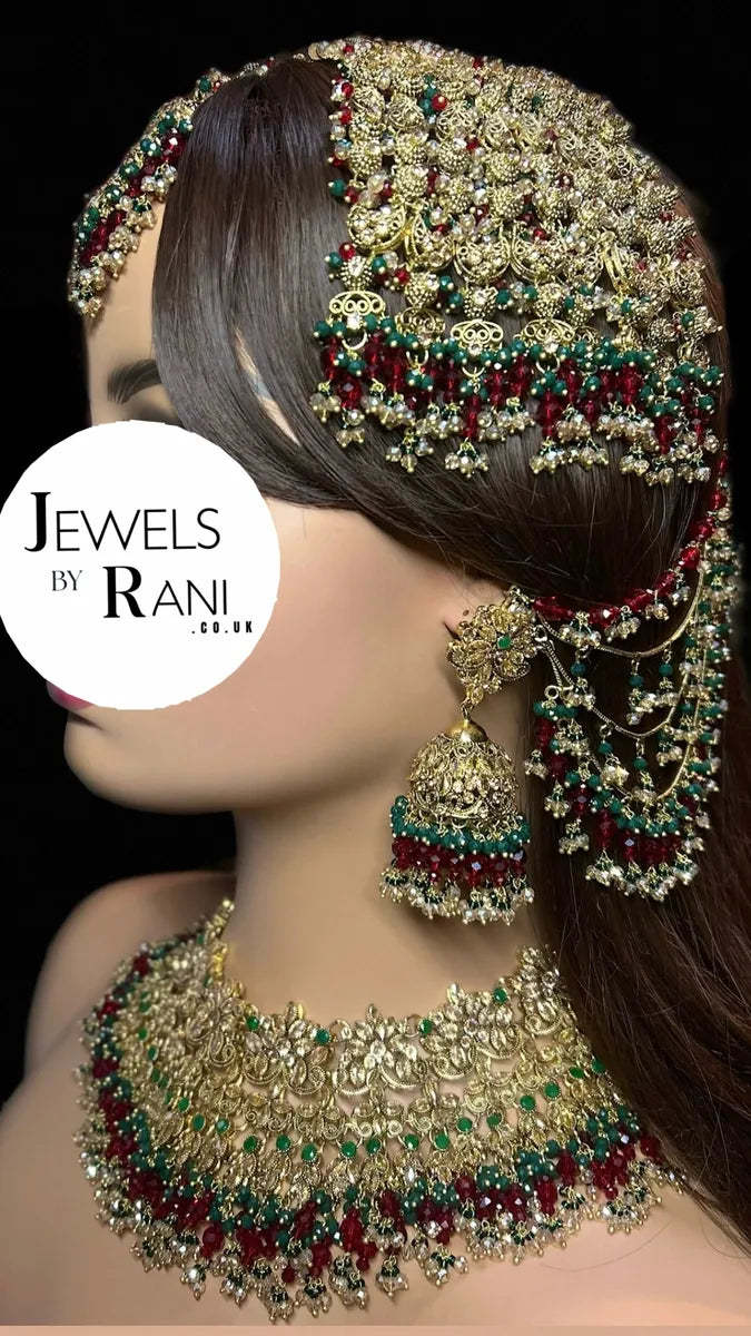 PRE ORDER 6 Weeks - Deep Red & Green Necklace Set - Gold Plated - Jewelsbyrani