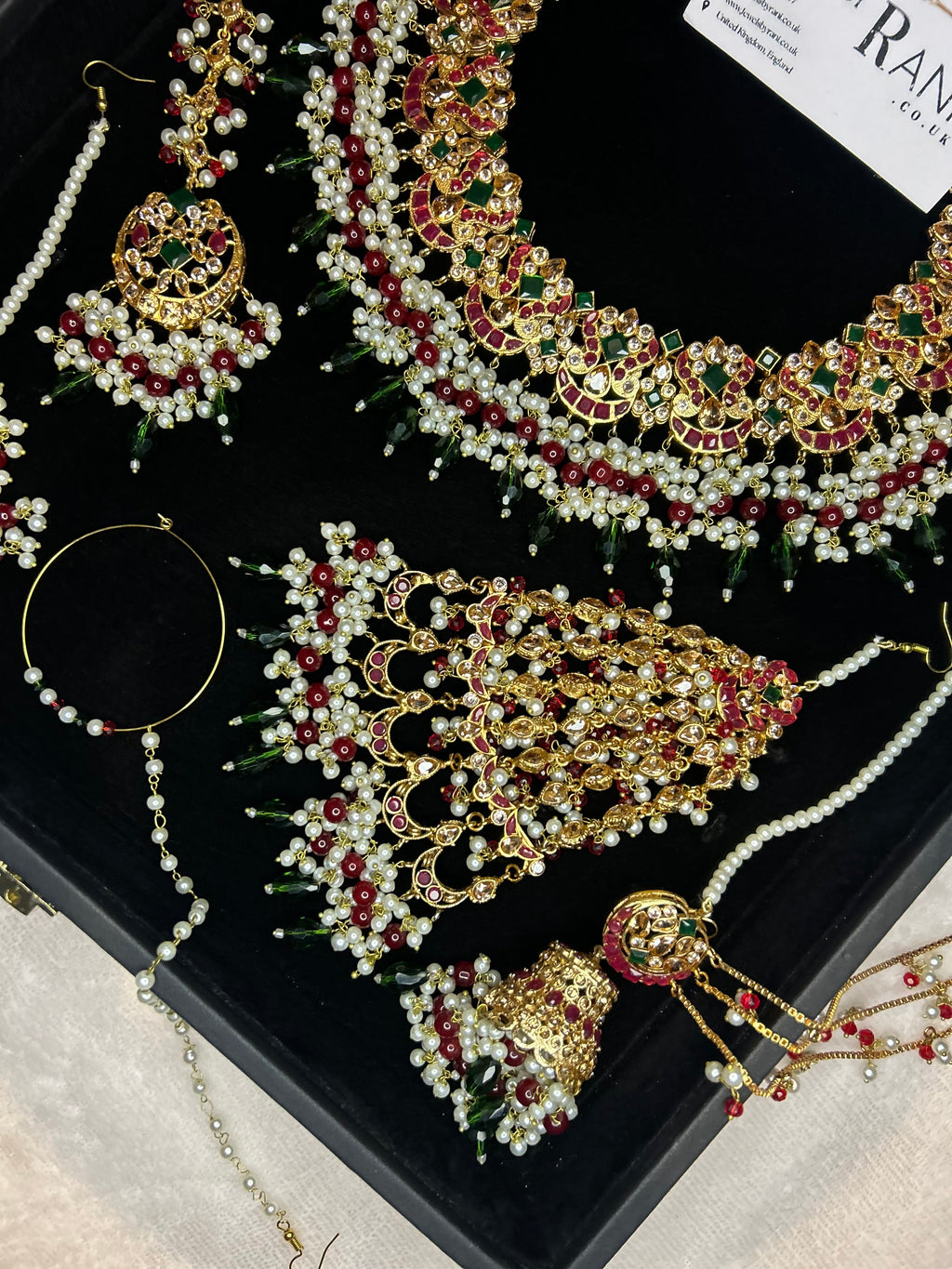 Beautiful Dark Red, Green Drop Crystal and White Kundan Full Bridal Jewellery Set/ Style 17304