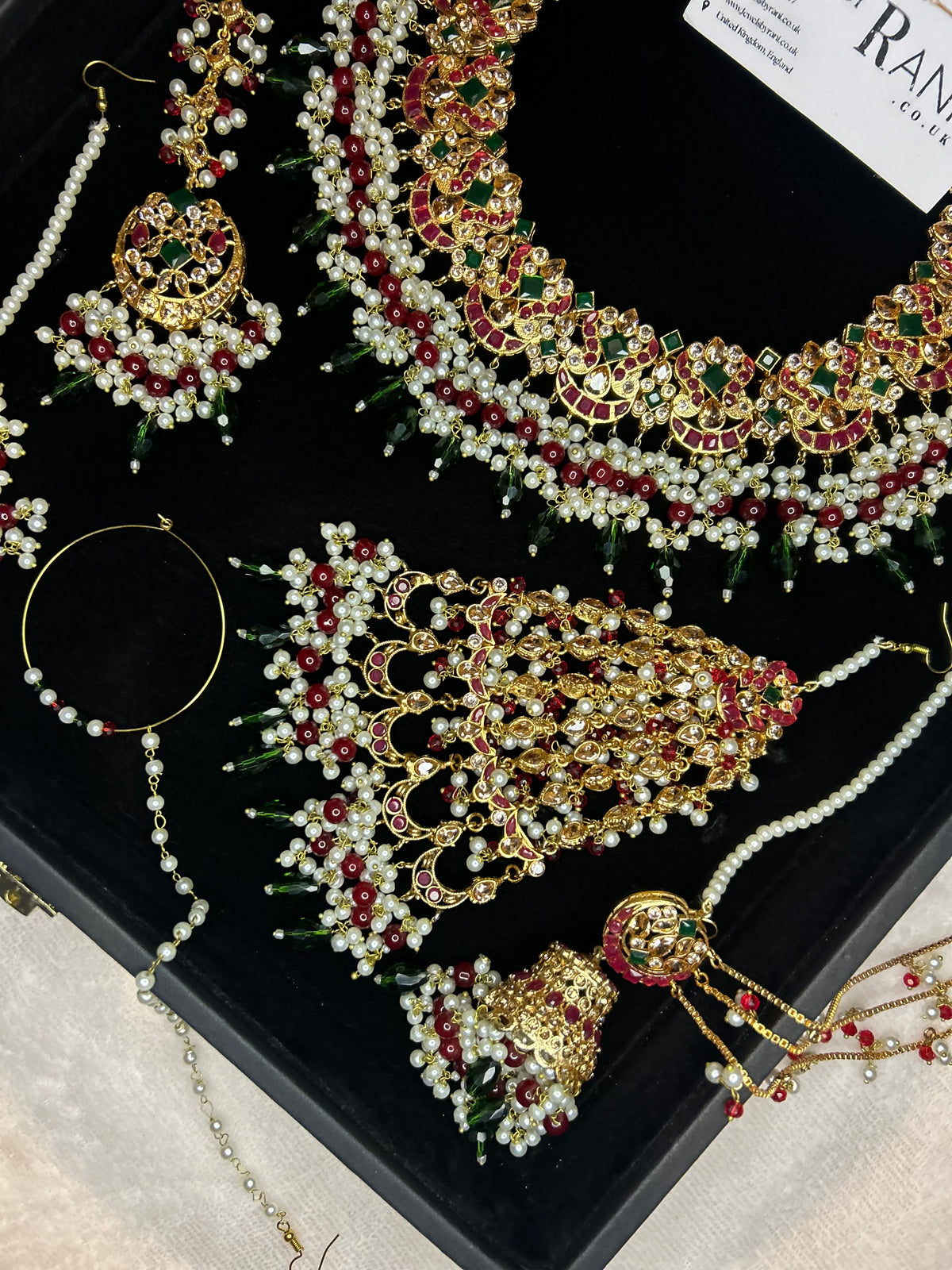 Beautiful Dark Red, Green Drop Crystal and White Kundan Full Bridal Jewellery Set/ Style 17304