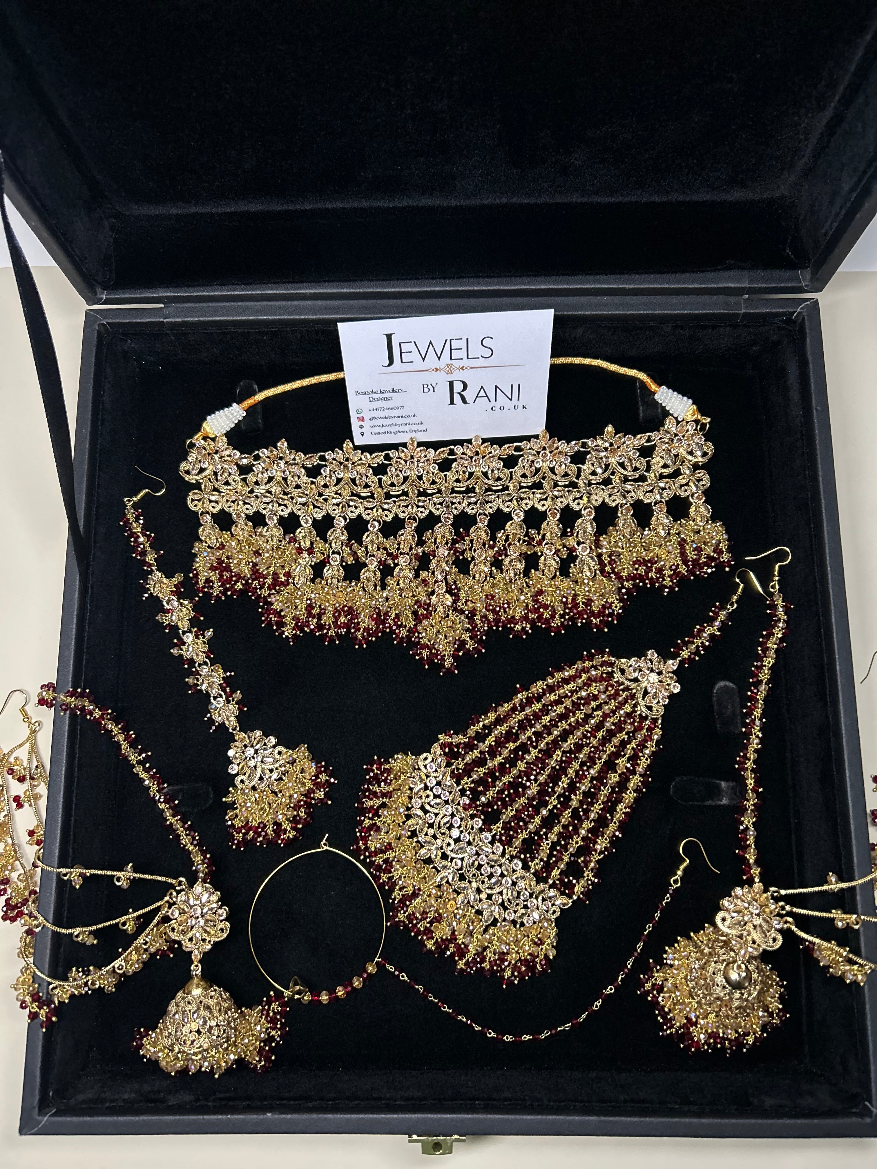 PRE ORDER: 6 Week Making time- Beautiful Maroon & Gold Dangle Necklace  22crt Gold Plated Bridal Jewellery Set