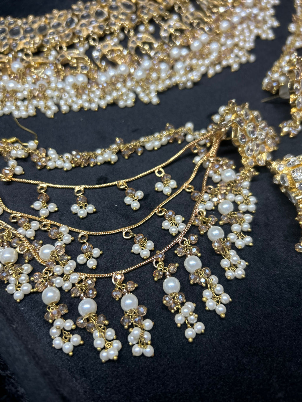 Pre order 6 Weeks - White Kundan Bridal Jewellery Set Matha Patti, Necklace and Jhumkies + nose ring 22crt Gold Plated
