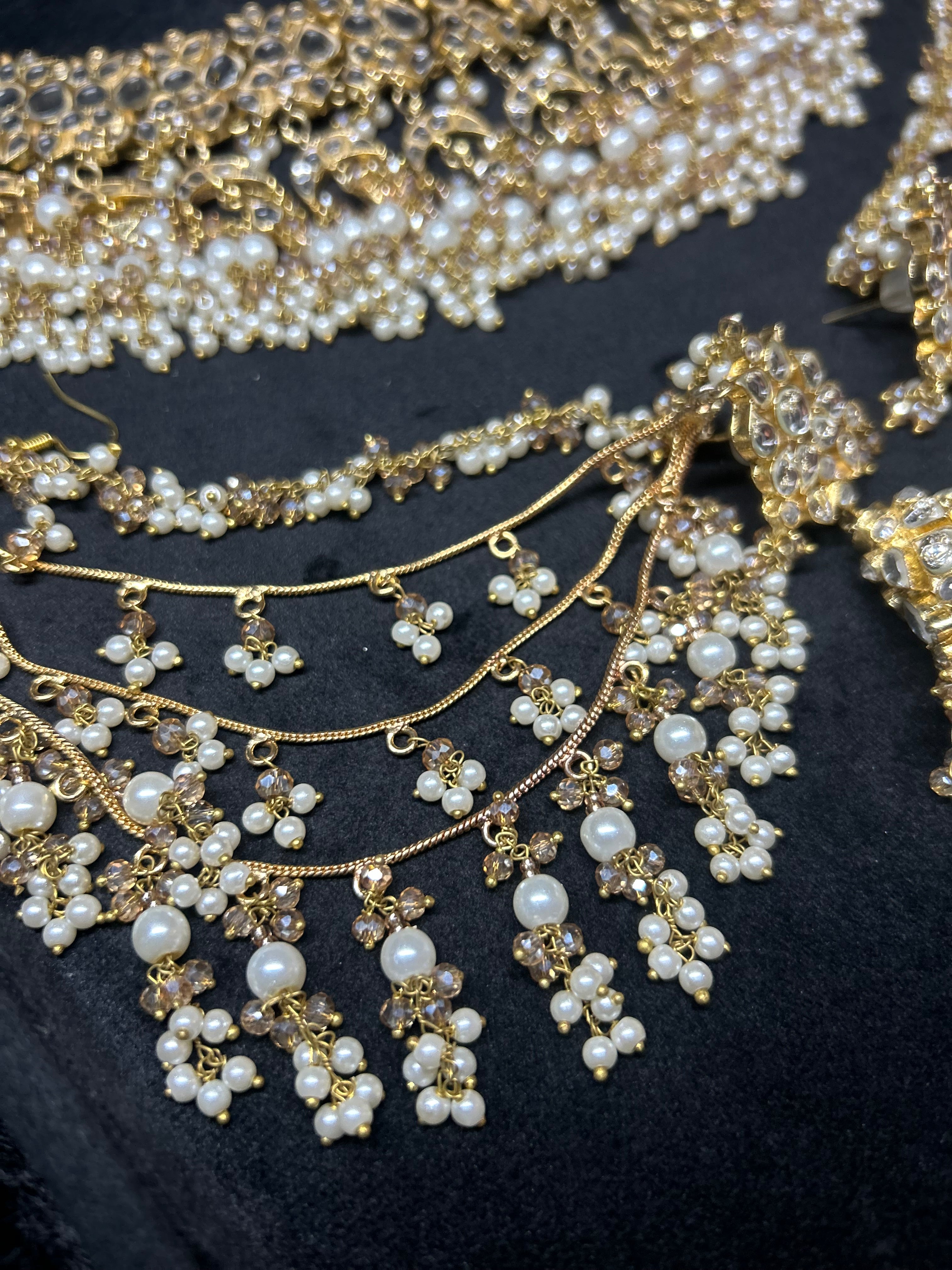 Pre order 6 Weeks - White Kundan Bridal Jewellery Set Matha Patti, Necklace and Jhumkies + nose ring 22crt Gold Plated