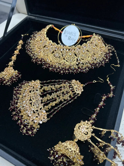 Deep Maroon & Gold Collar Necklace set, with heavily beaded earrings & tikka. - Jewelsbyrani