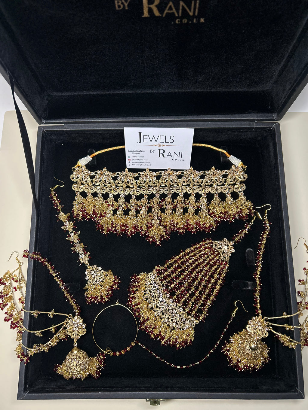 PRE ORDER: 6 Week Making time- Beautiful Maroon & Gold Dangle Necklace  22crt Gold Plated Bridal Jewellery Set