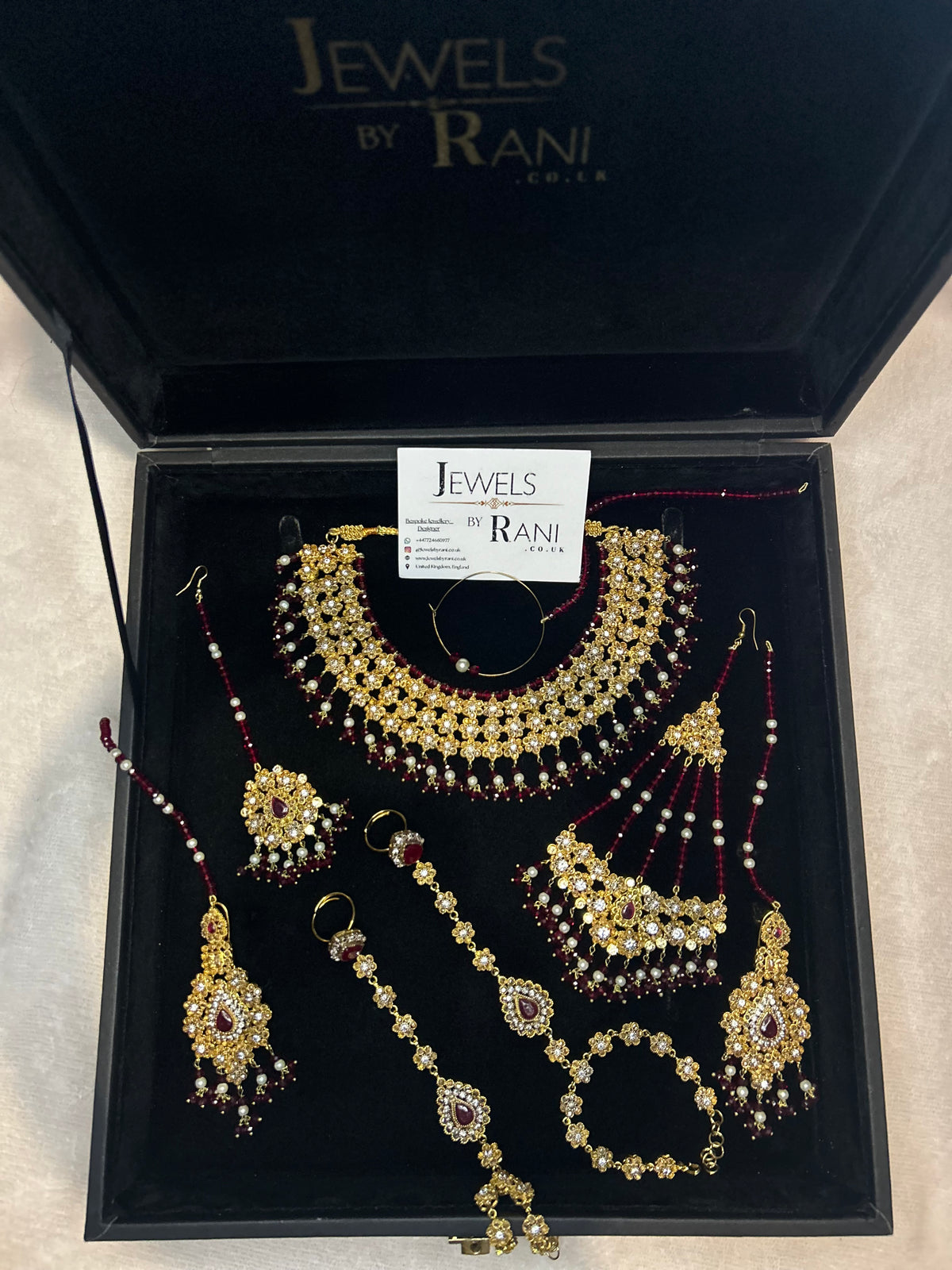 Beautiful Maroon & White Pakistani Necklace Set Full Bridal Jewellery Set | Including 2 Hand Pieces | Style 7279