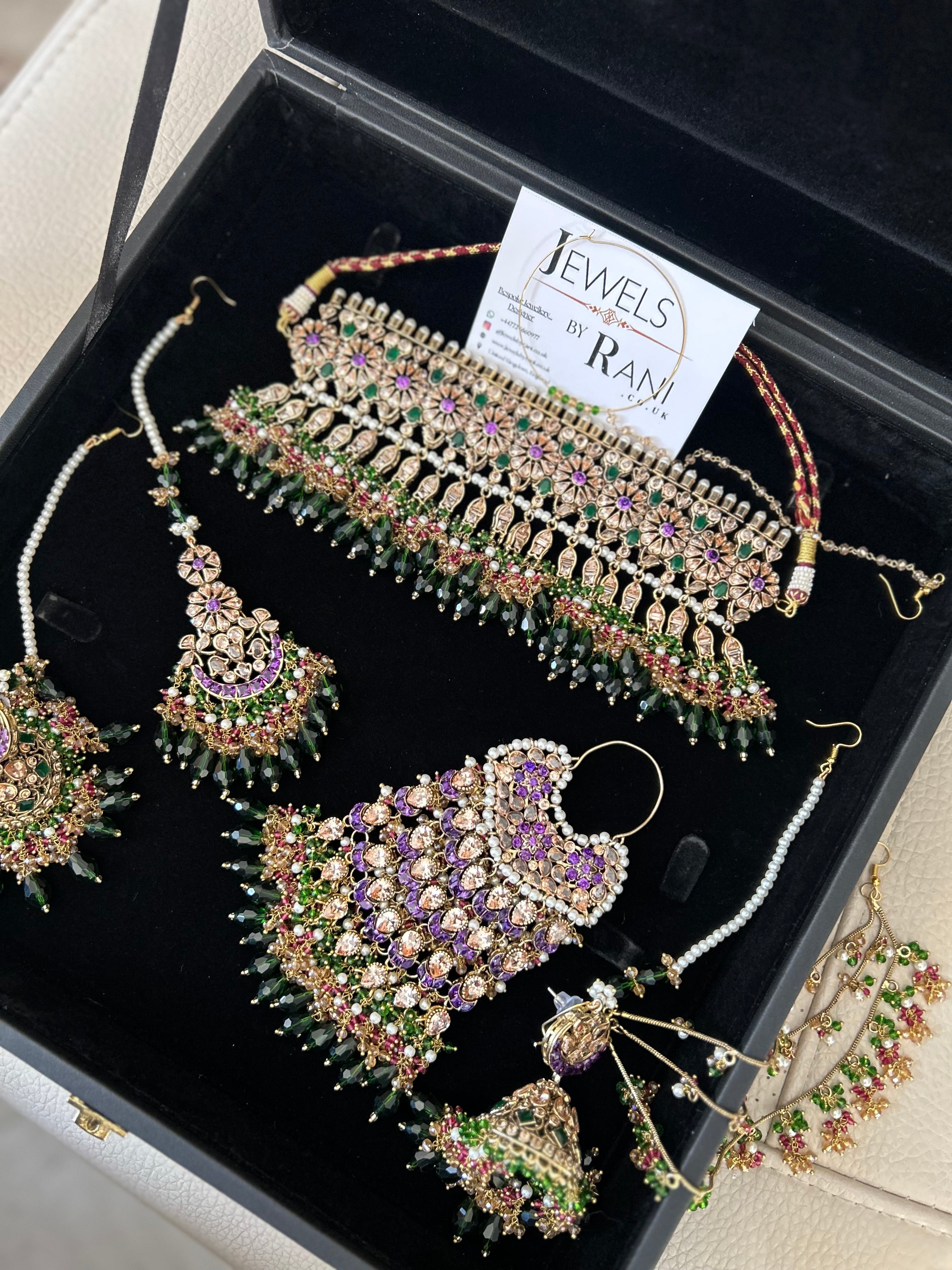 Pre Order 6 Weeks - 22crt Gold Plated- Purple and Green Mehndi Choker Set