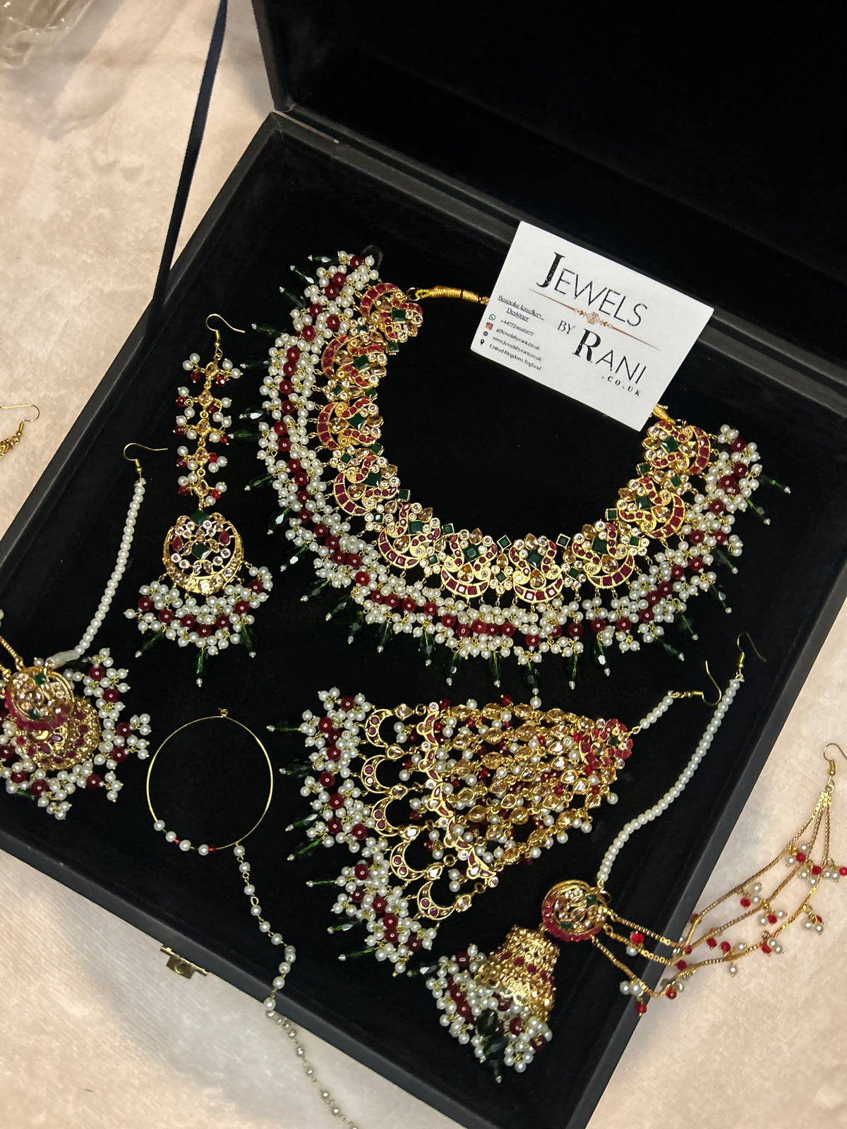 Beautiful Dark Red, Green Drop Crystal and White Kundan Full Bridal Jewellery Set/ Style 17304