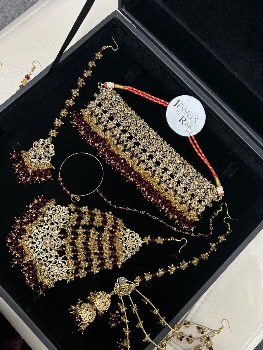 Trending Pakistani Choker Maroon Full Bridal Jewellery Set/ Style 95 - Jewelsbyrani