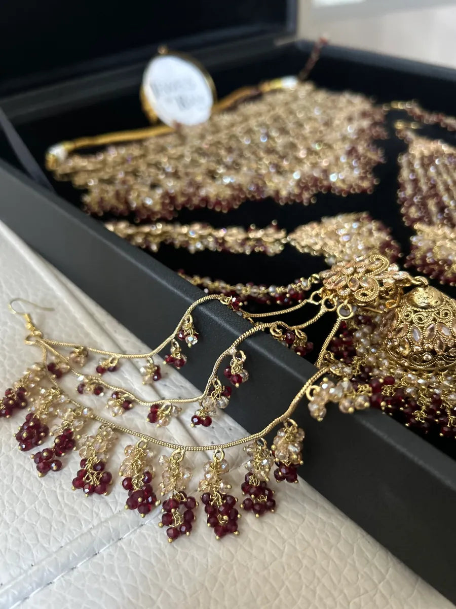 24 crt Gold Plated Dangle necklace Maroon and Gold beading - Bridal Jewellery Set