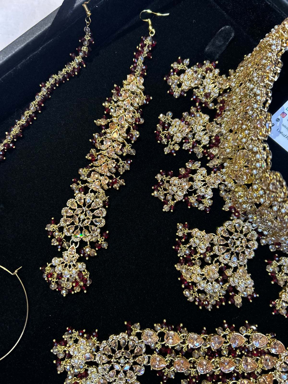 22crt Gold Plated  - Trending Maroon and Gold Choker Bridal Set Style 3862