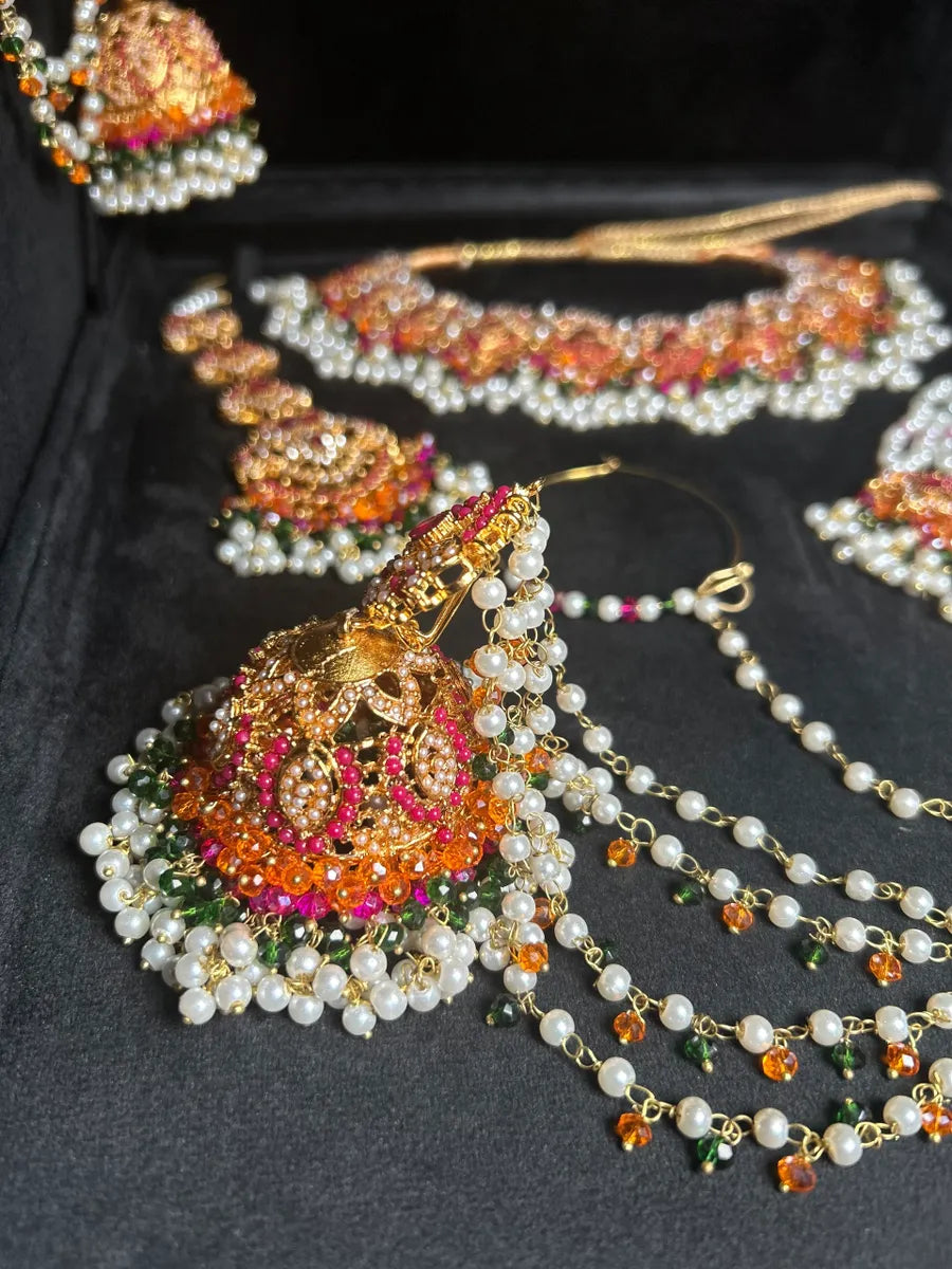 Multi White, Green, Orange & Hot Pink coloured necklace set, with heavily beaded Jhumkies & tikka | Gold Stones