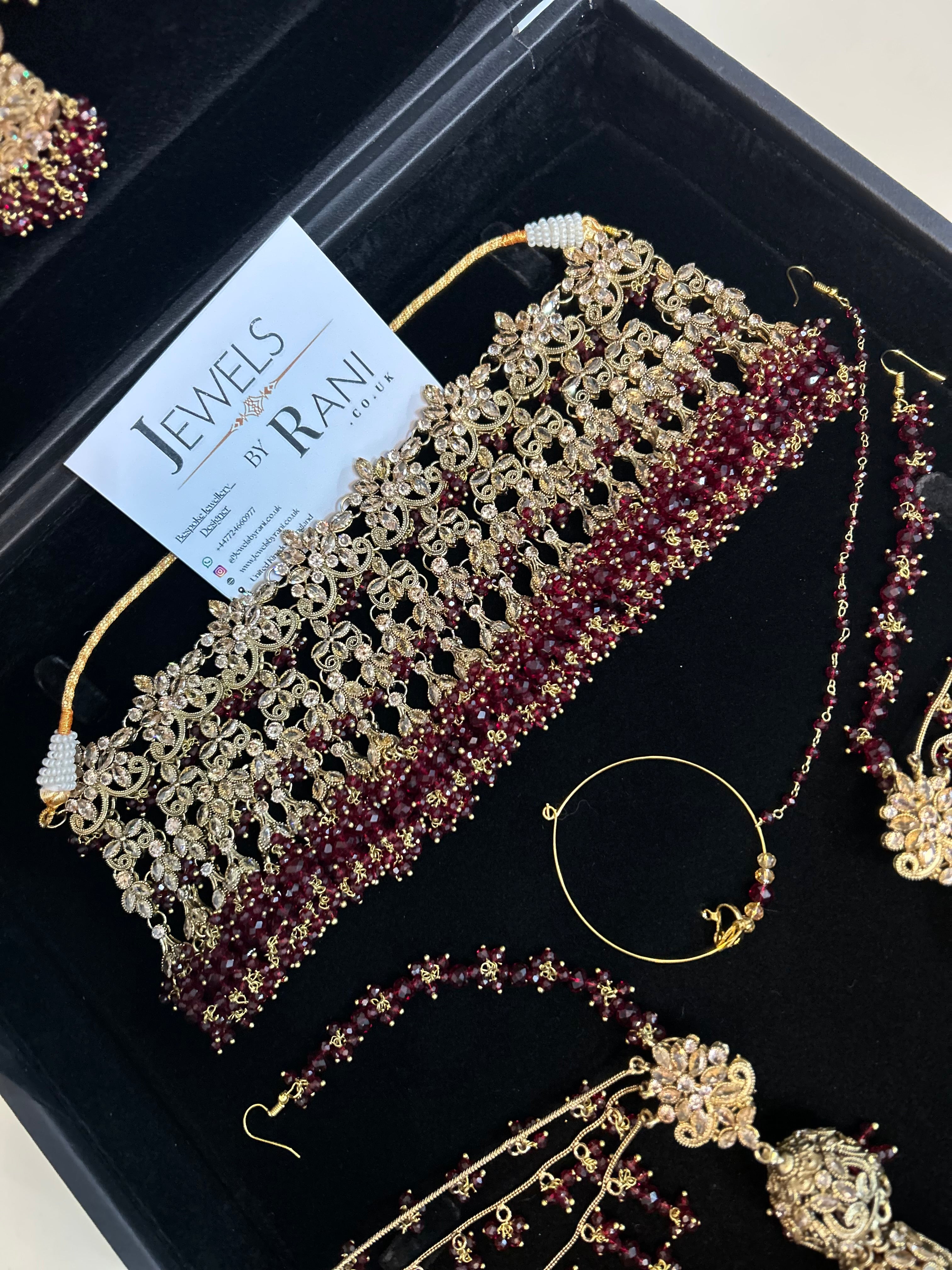 Pre Order 6 Weeks- 22crt Gold Plated Maroon Matha Patti Bridal Jewellery Set With Choker