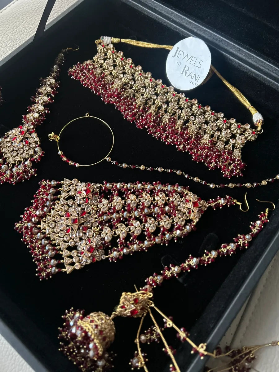 24 crt Gold Plated - Beautiful Maroon Pakistani Bridal Jewellery Set - Jewelsbyrani