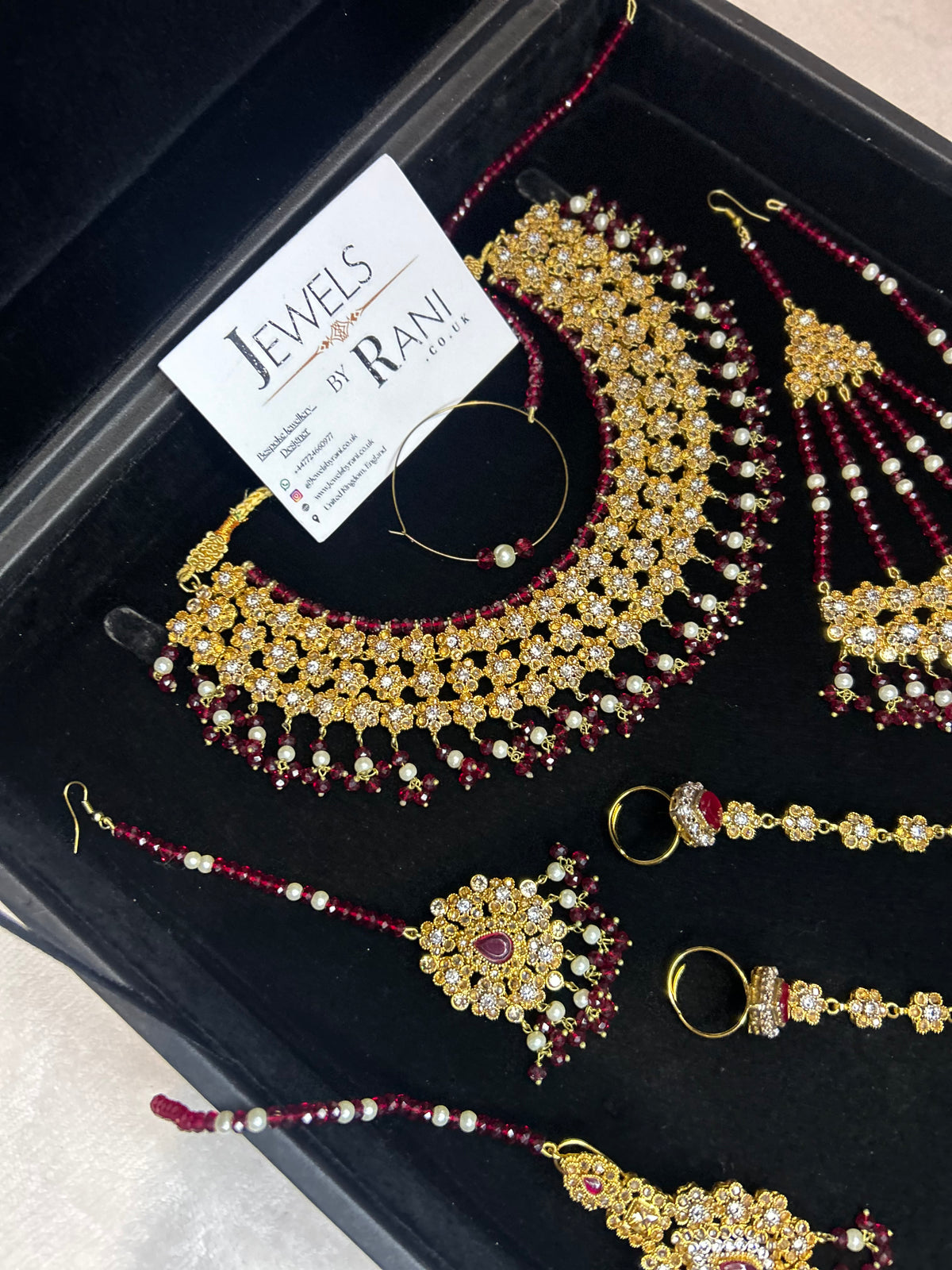 Beautiful Maroon & White Pakistani Necklace Set Full Bridal Jewellery Set | Including 2 Hand Pieces | Style 7279
