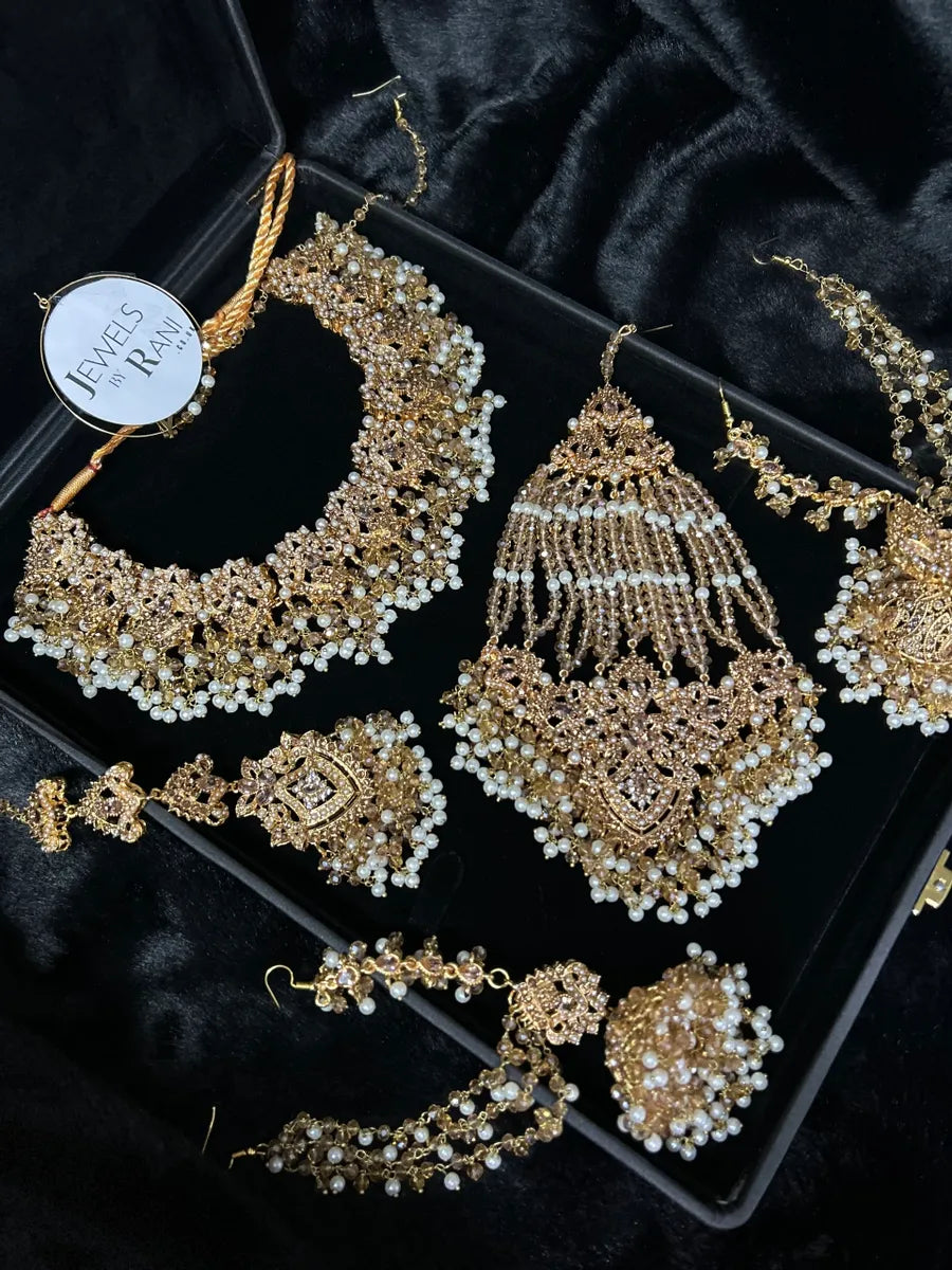 Beautiful Bridal Jewellery set- Gold & White Heavily Beaded Bridal Set - Jewelsbyrani