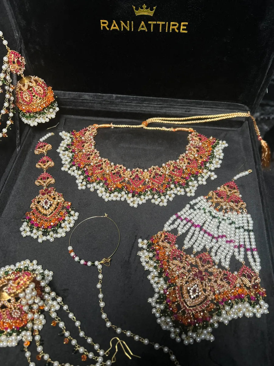 Multi White, Green, Orange & Hot Pink coloured necklace set, with heavily beaded Jhumkies & tikka | Gold Stones