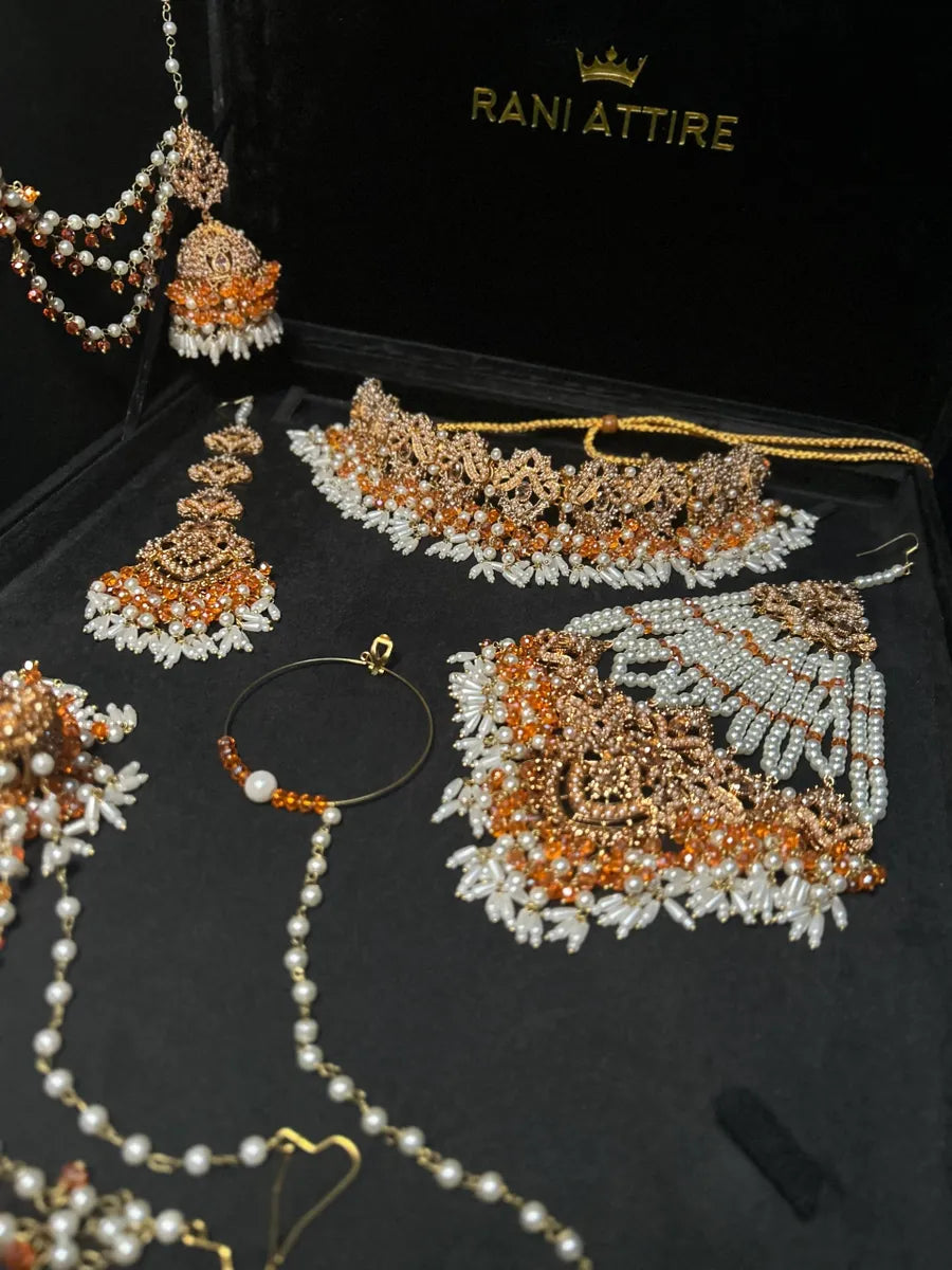 White & Orange Choker set, with heavily beaded earrings & tikka - Jewelsbyrani