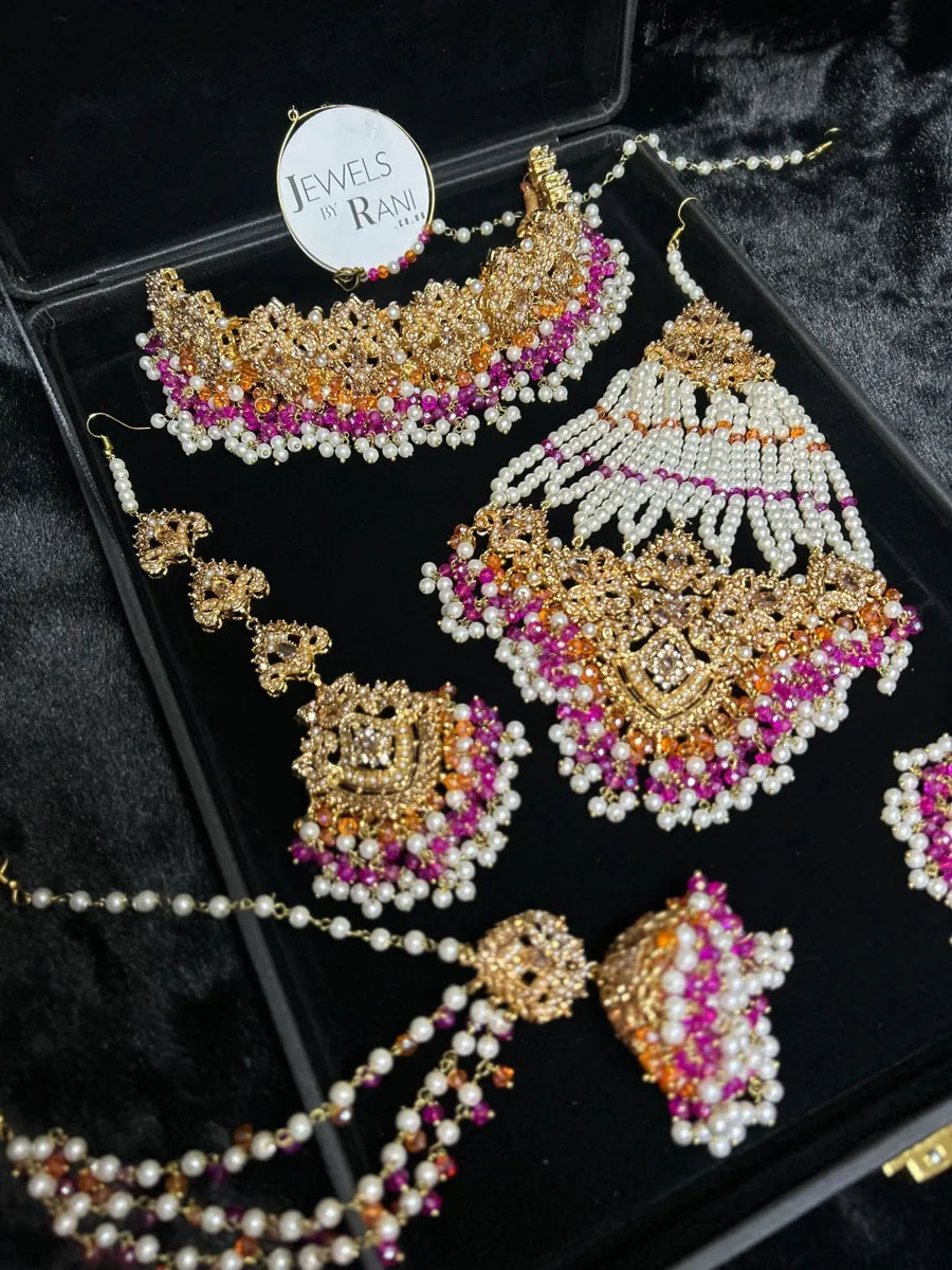Multi Choker Orange & Hot Pink coloured necklace set, with heavily beaded Jhumkies & tikka - Jewelsbyrani