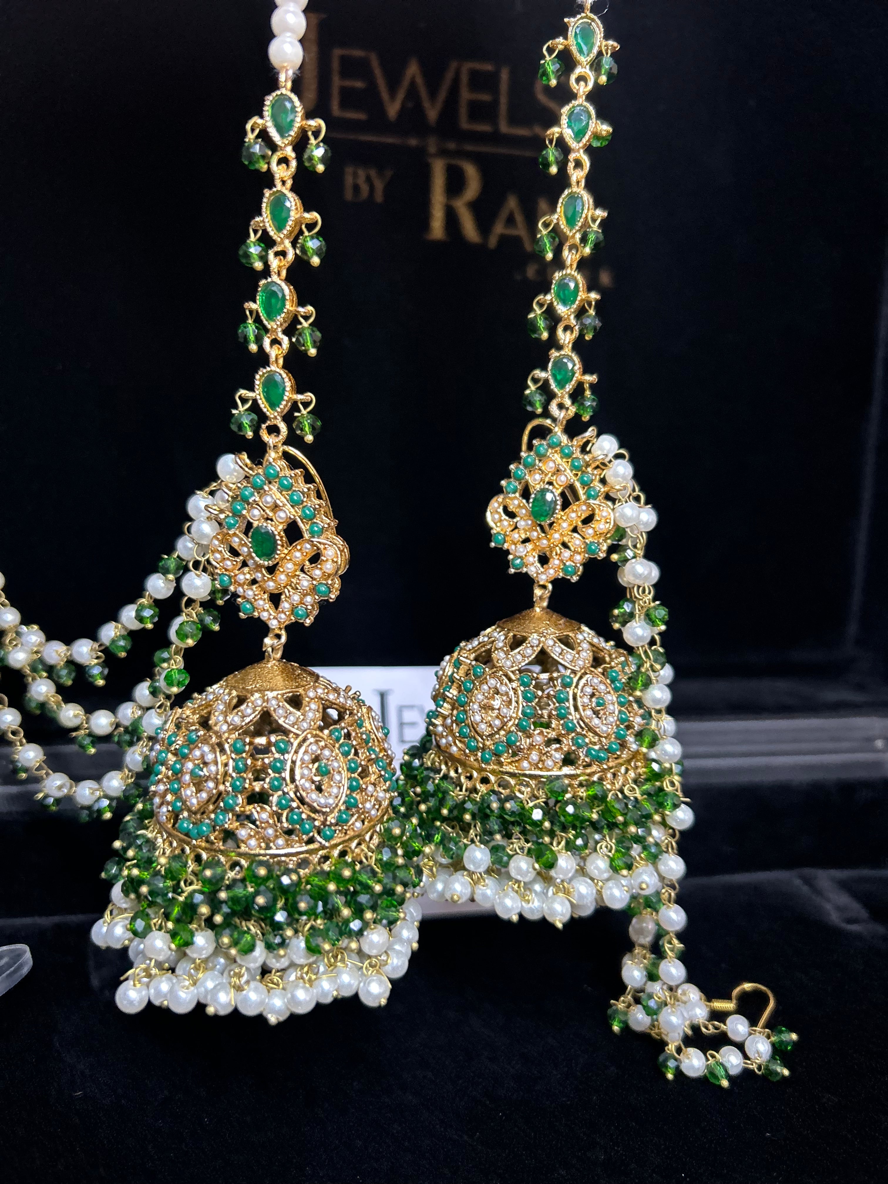 Green and White Multi Coloured Jhumkes & Tikka Set