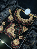 Green, Gold & Maroon Bridal Jewellery set, with heavily beaded earrings & tikka. - Jewelsbyrani