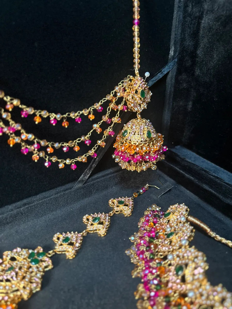Multi Choker Green, Orange & Hot Pink coloured necklace set, with heavily beaded Jhumkies & tikka | Gold Stones - Jewelsbyrani