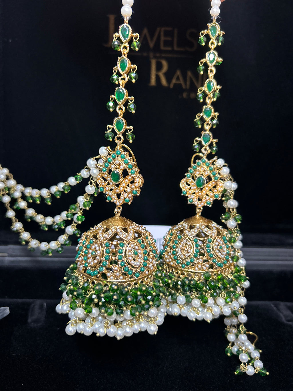 Green and White Multi Coloured Jhumkes & Tikka Set