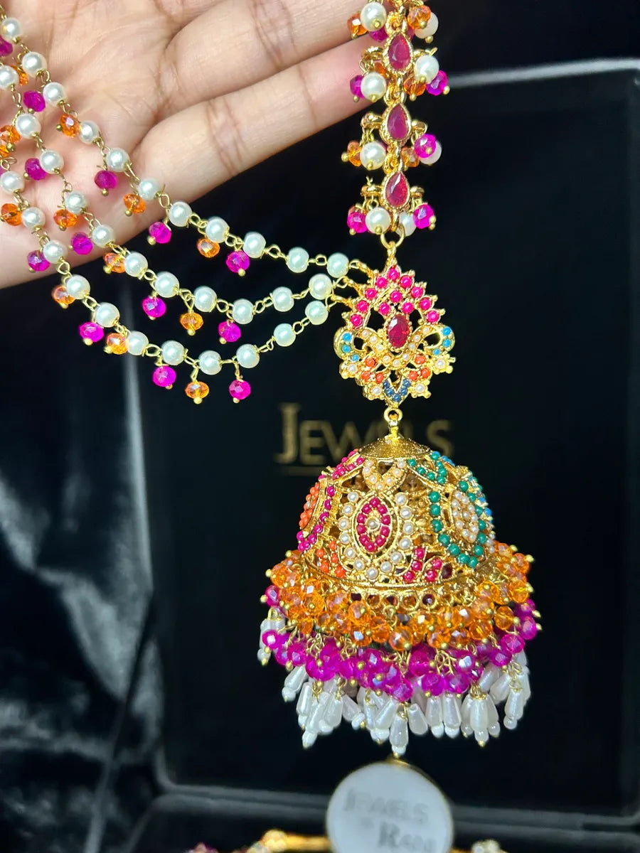 New Multi coloured Necklace set, with heavily beaded Jhumkies & tikka |Dark Pink Stones - Jewelsbyrani