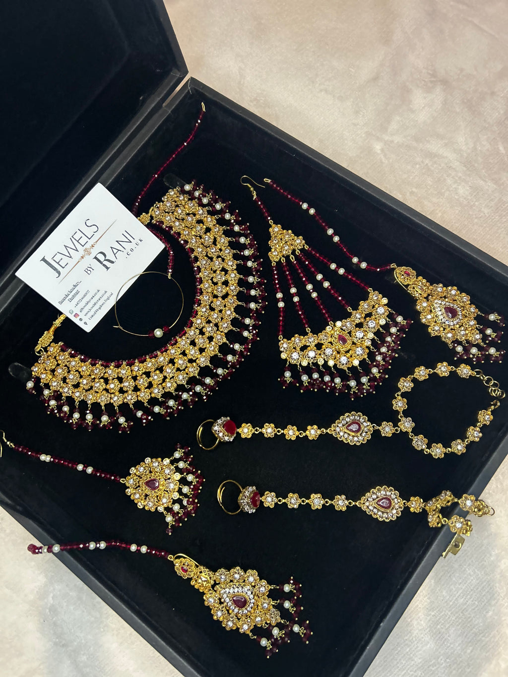Beautiful Maroon & White Pakistani Necklace Set Full Bridal Jewellery Set | Including 2 Hand Pieces | Style 7279
