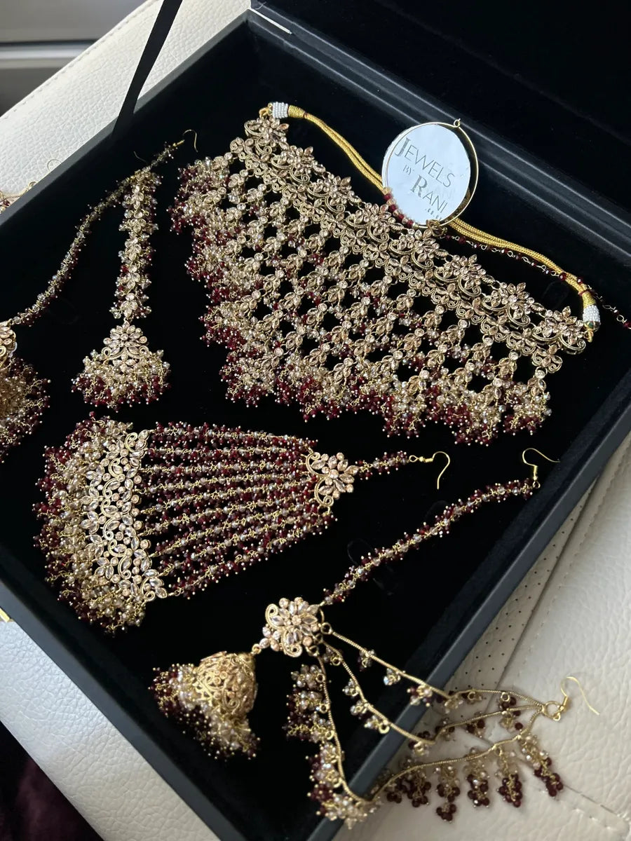 24 crt Gold Plated Dangle necklace Maroon and Gold beading - Bridal Jewellery Set