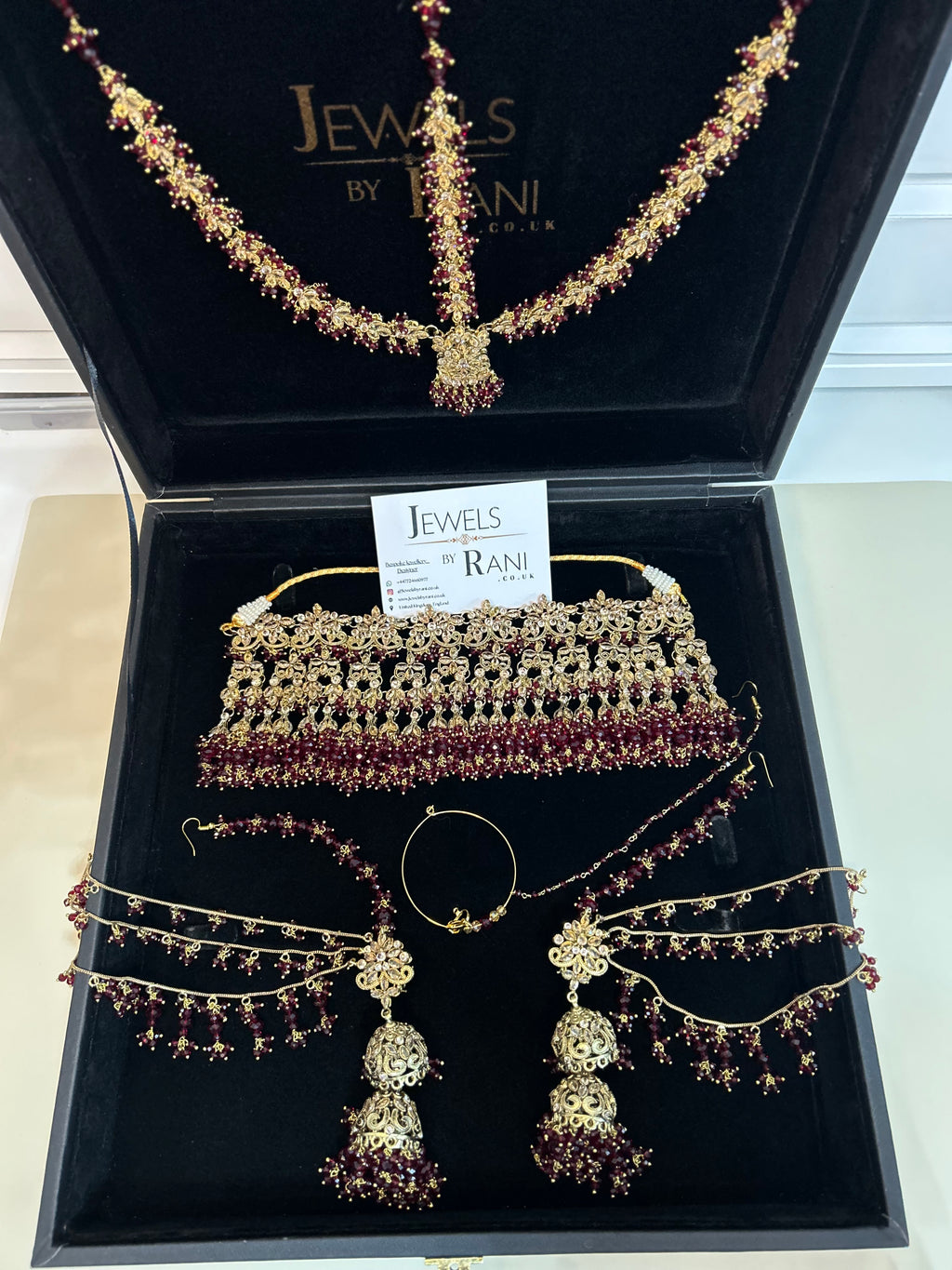 Pre Order 6 Weeks- 22crt Gold Plated Maroon Matha Patti Bridal Jewellery Set With Choker