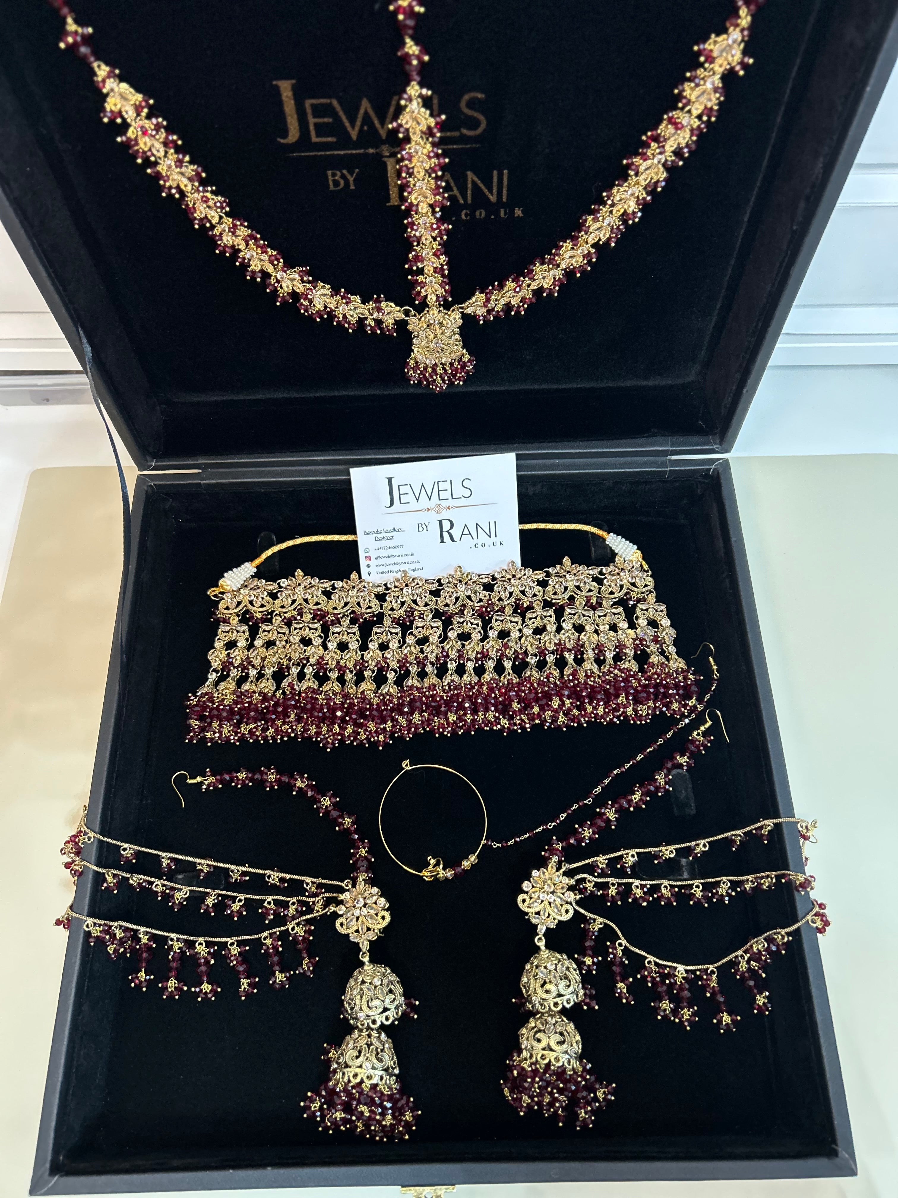 Pre Order 6 Weeks- 22crt Gold Plated Maroon Matha Patti Bridal Jewellery Set With Choker