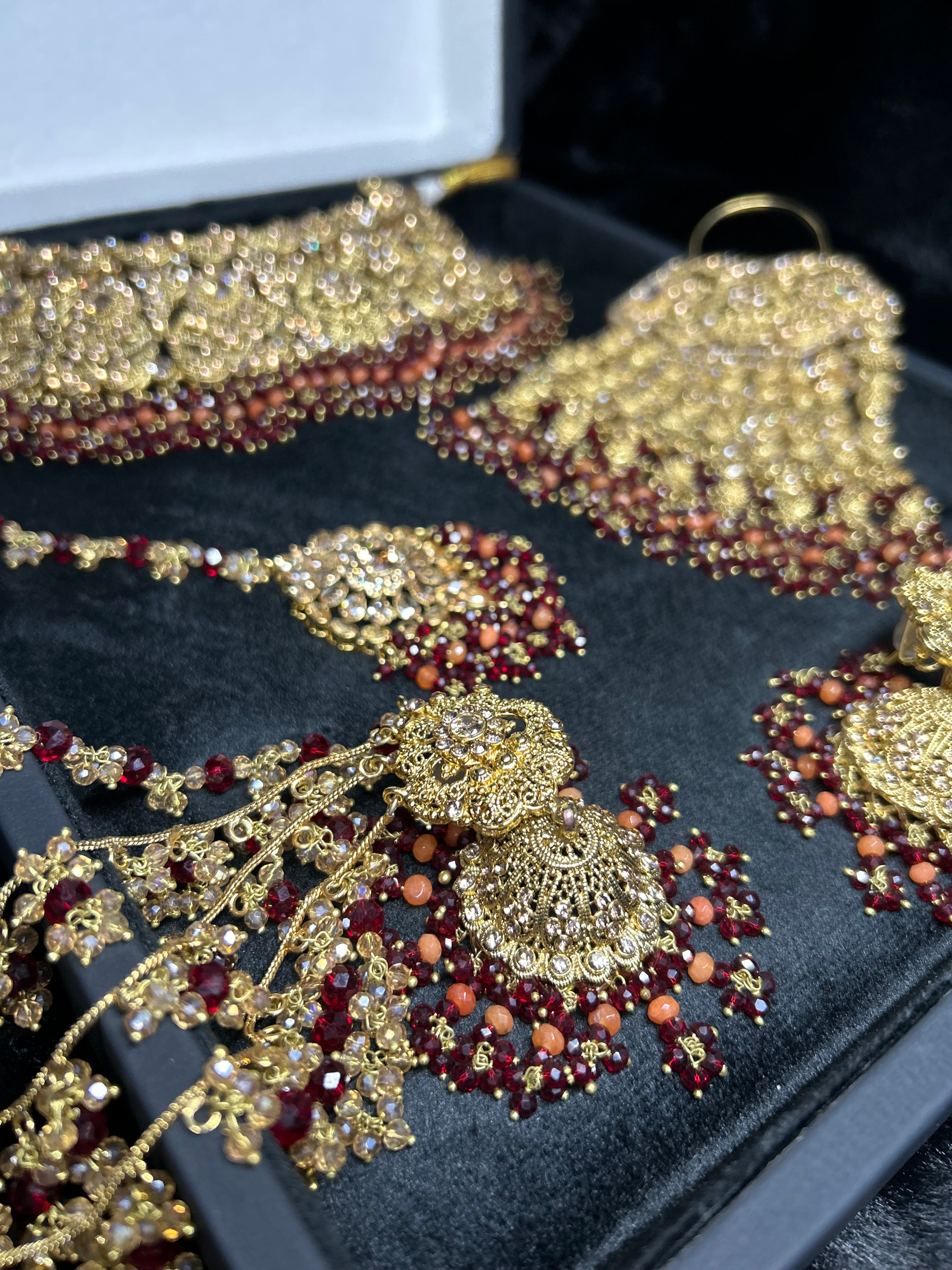 Pre order - 22 crt Gold Plated - Beautiful Maroon and Burnt Orange  Pakistani Bridal Jewellery Set